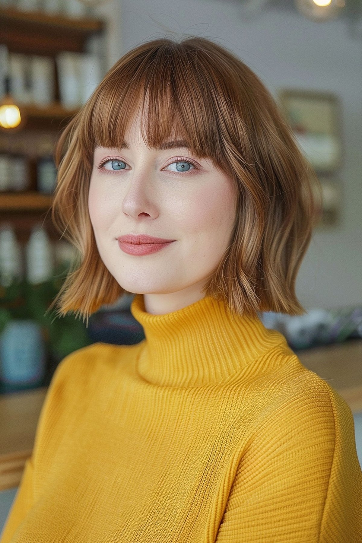 Caramel blonde bob with bangs