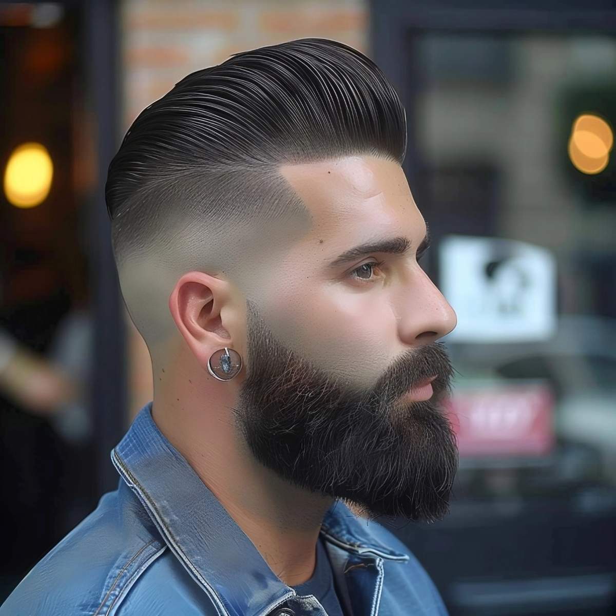 Distinctive transitional pompadour fade cut for men