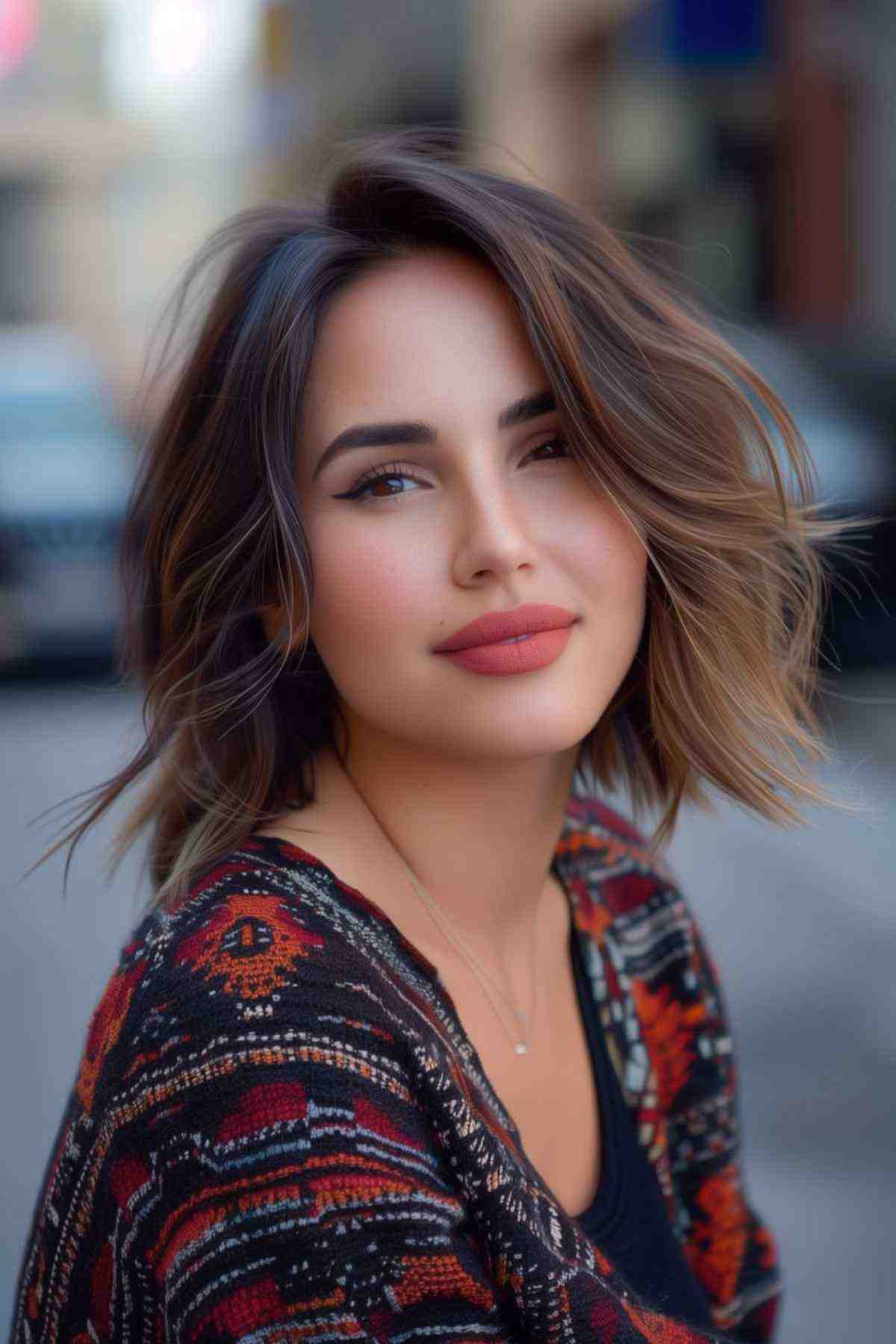 Woman showcasing a short wavy balayage bob haircut designed for round faces