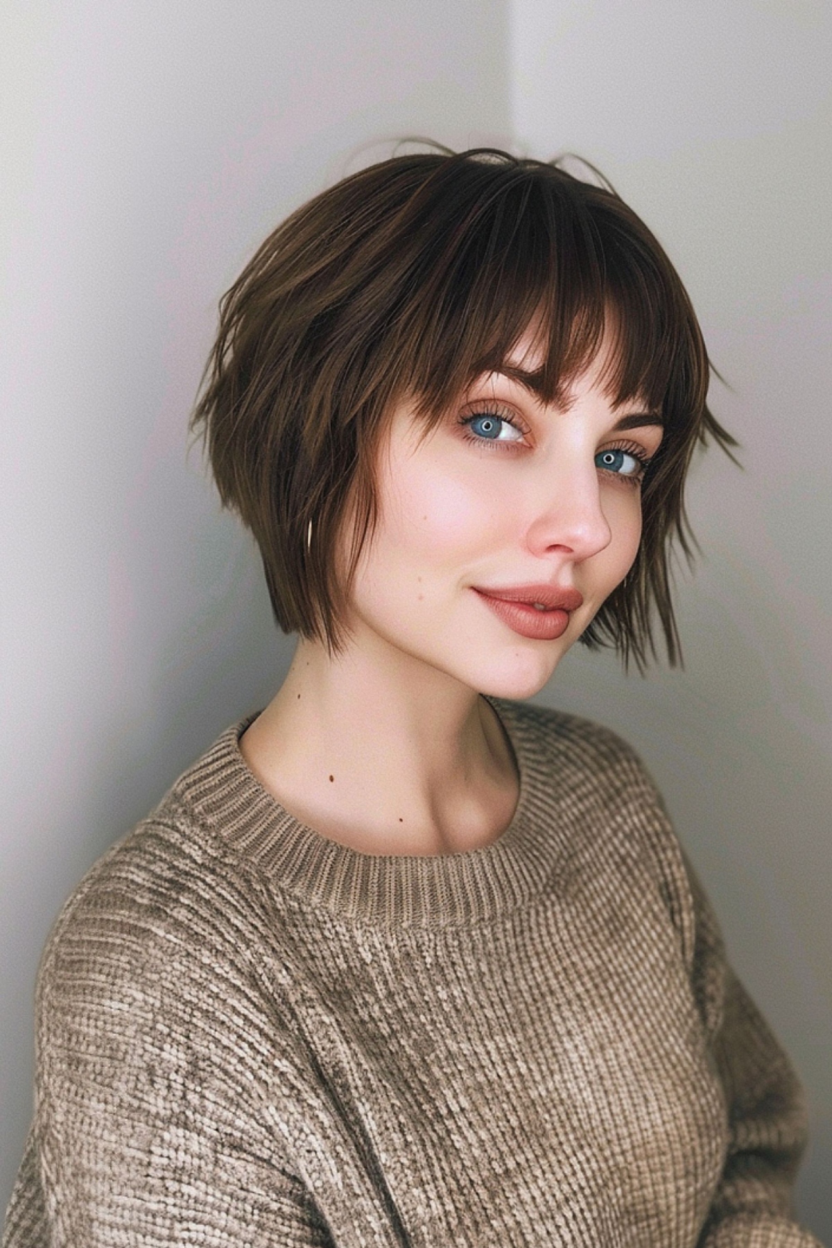 Jaw-length bob with gentle choppy layers and soft bangs