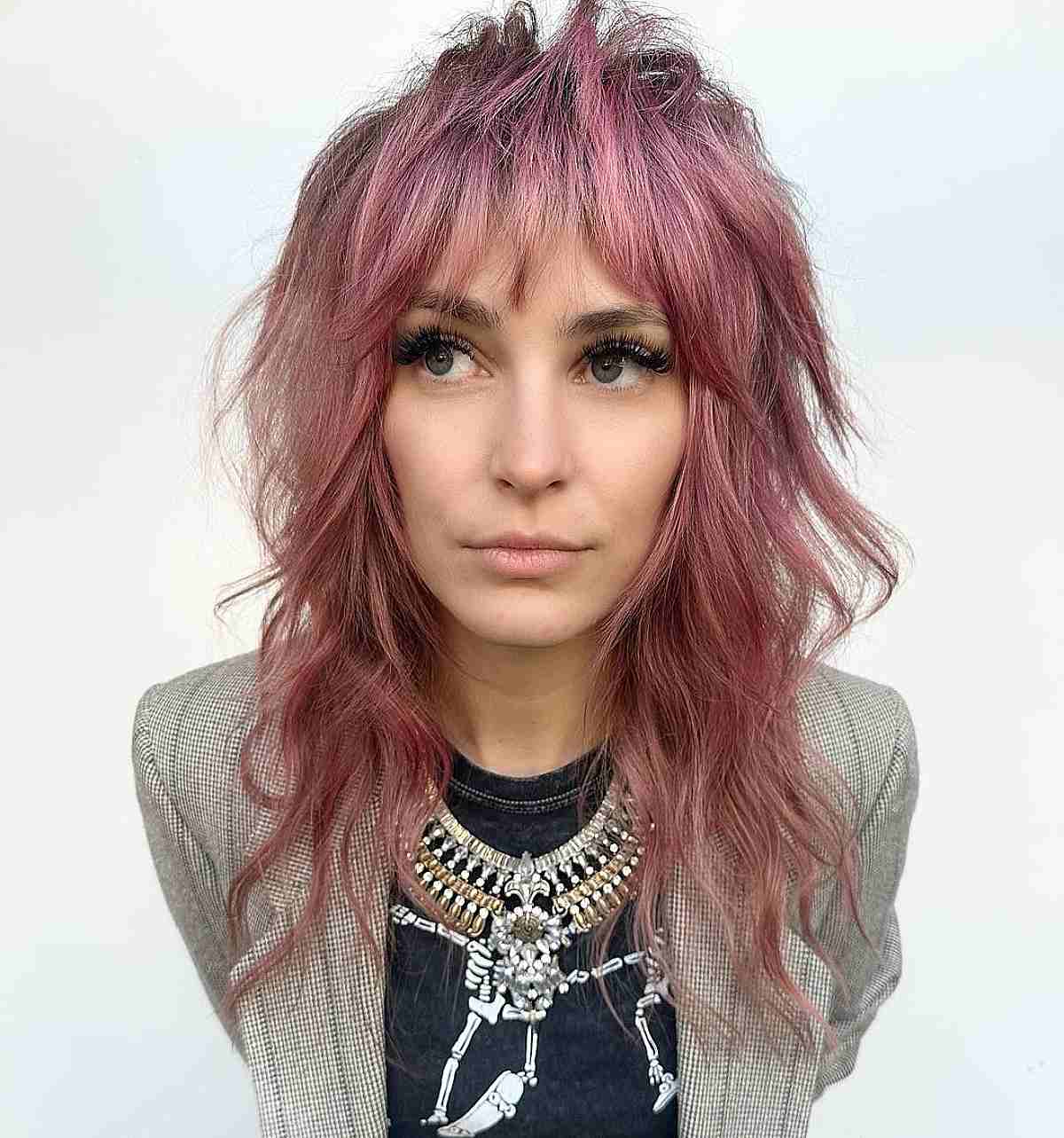 Medium Pink Punk Rock Shag Cut with Bangs