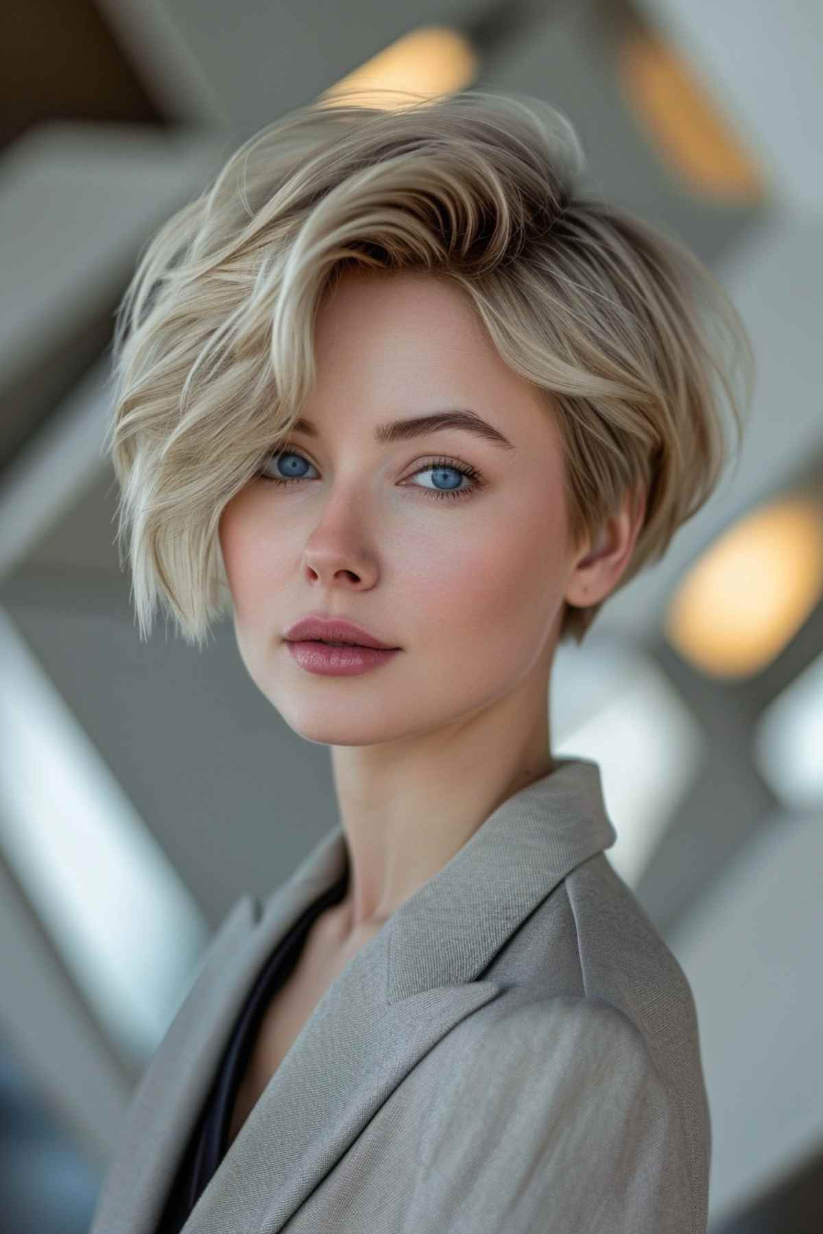 An edgy pixie bob with an asymmetric sweep on a woman in her 30s