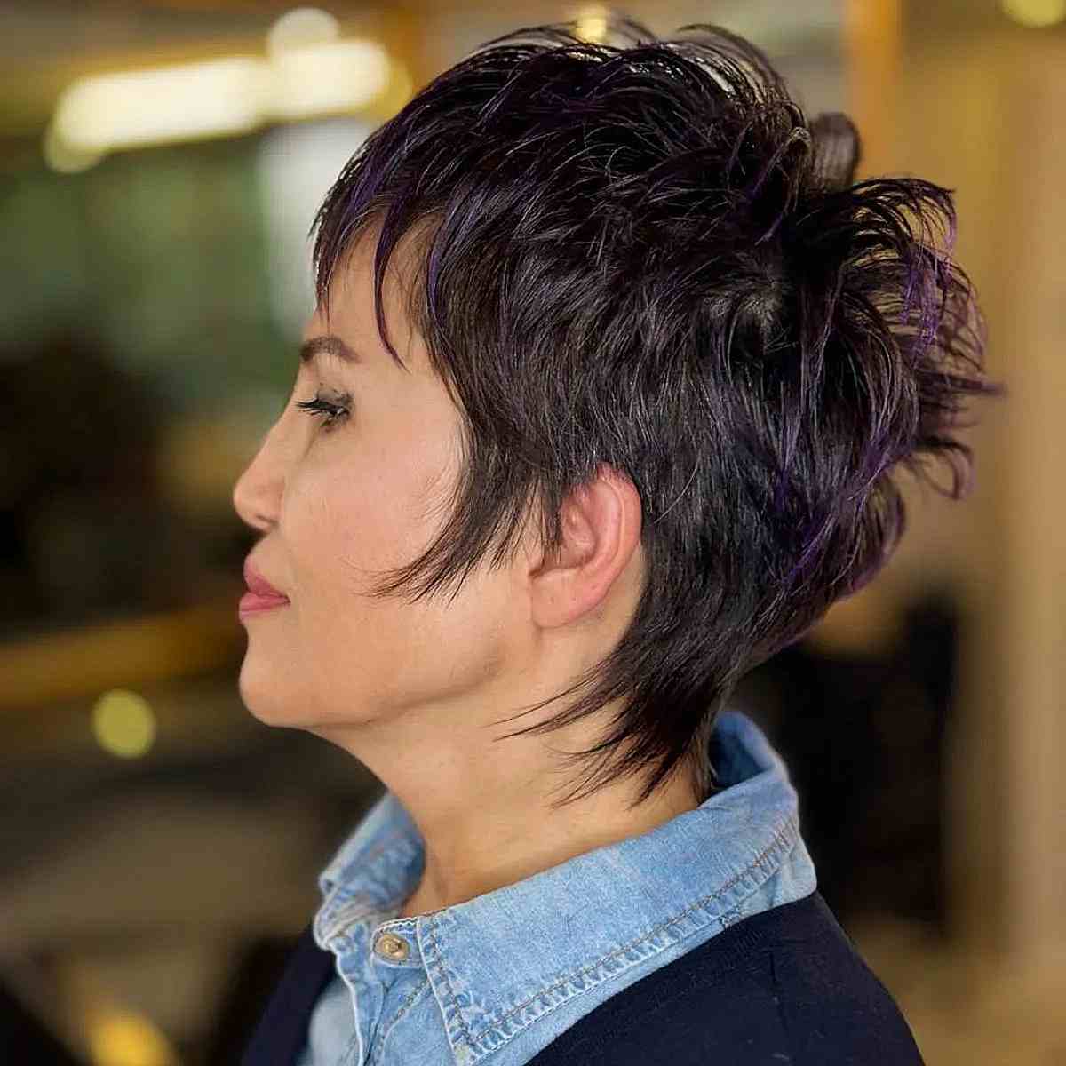 Edgy Shaggy Pixie Mullet with Vibrant Purple Highlights for Fine-Haired 50-year-olds