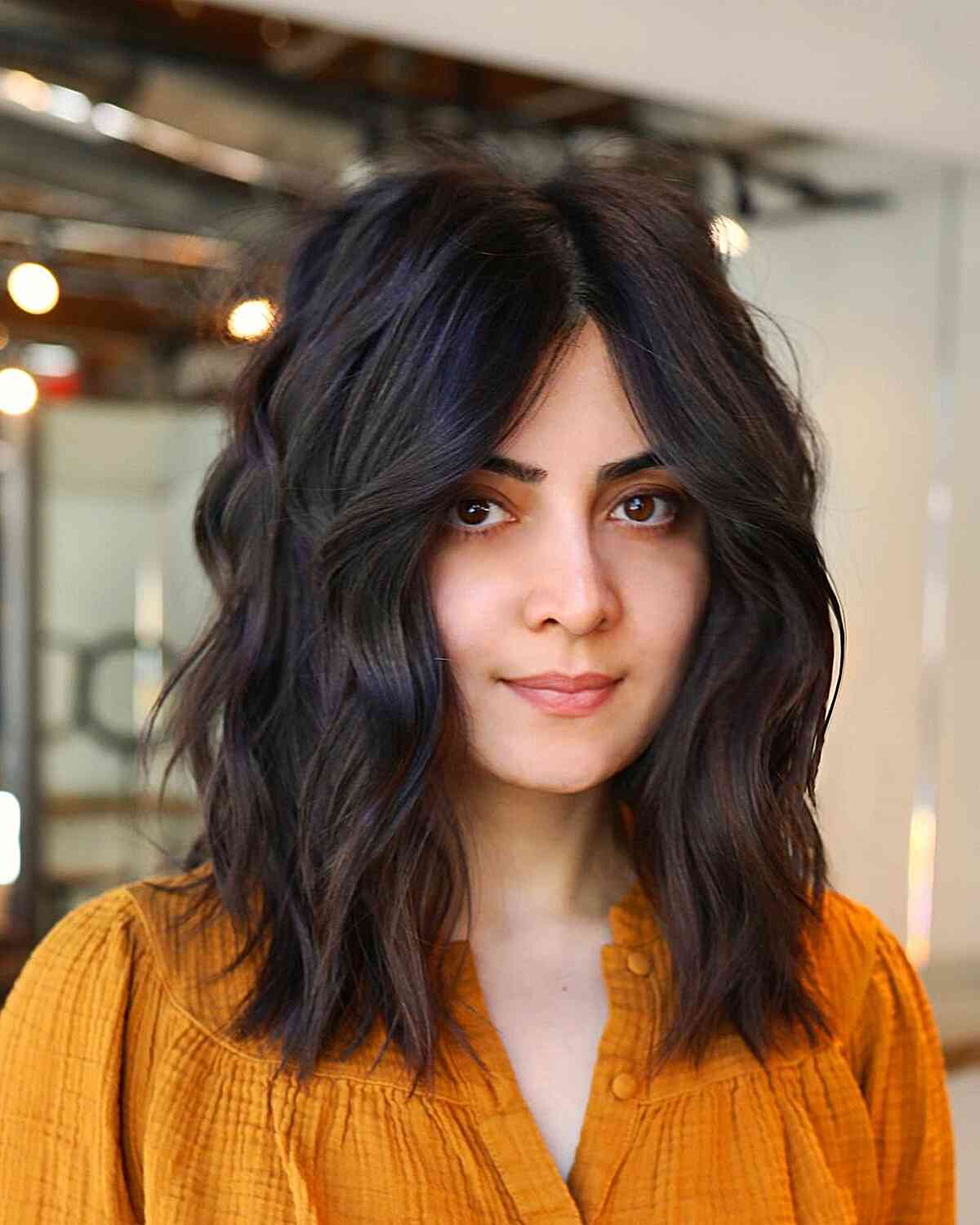 Effortless Center-Parted Medium Cut for Collarbone-Length Hair with loose waves