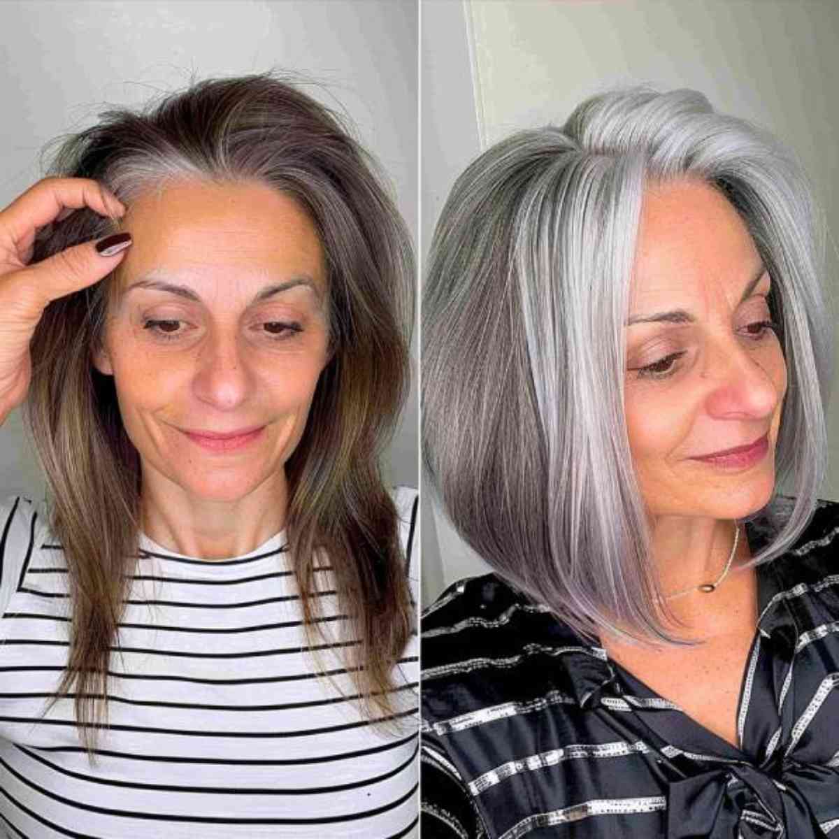 Effortless Lob Cut for Gray Hair on a Woman in Her Forties