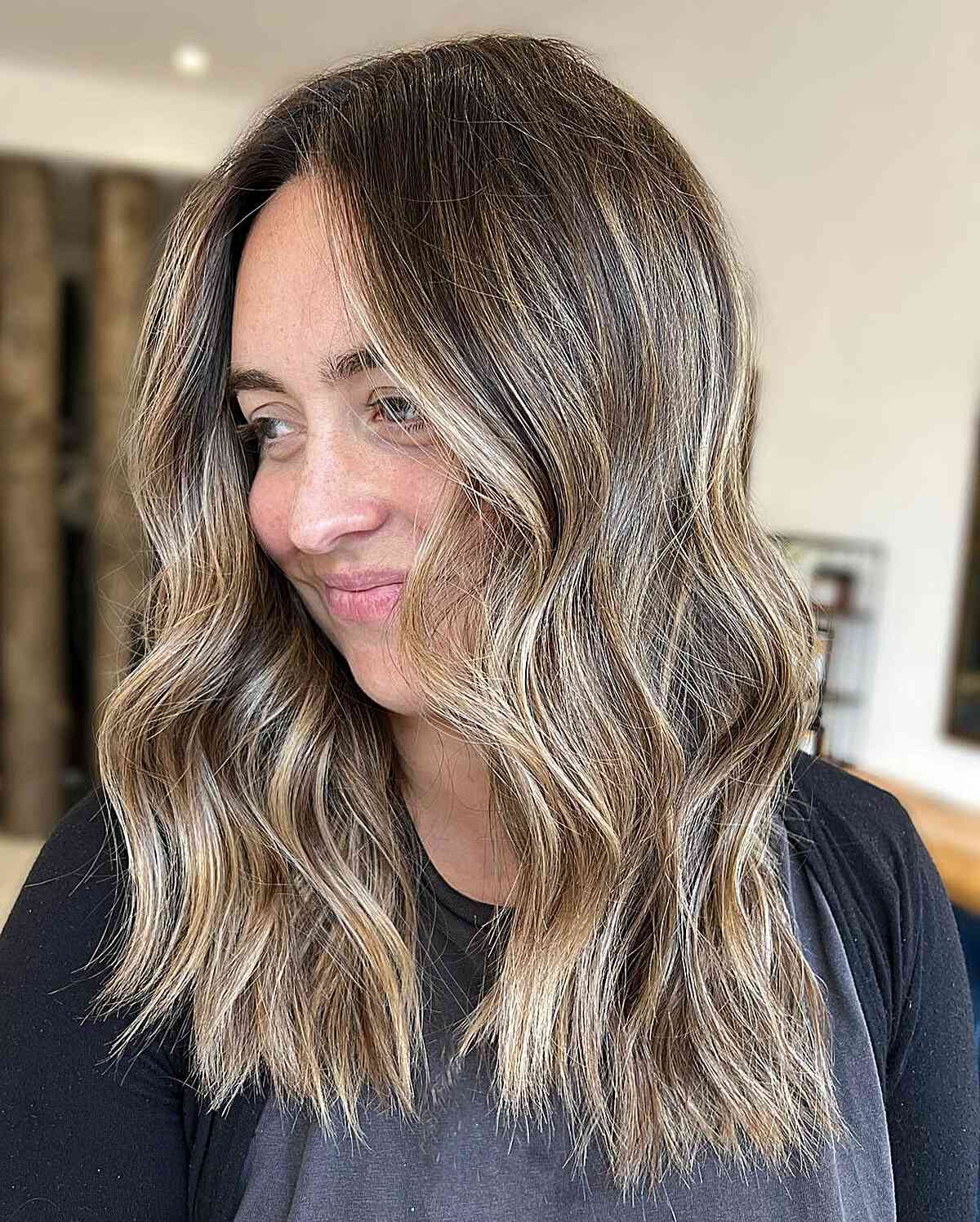 Effortless Soft Blonde Balayage for Mid-Length Dark Brown Locks