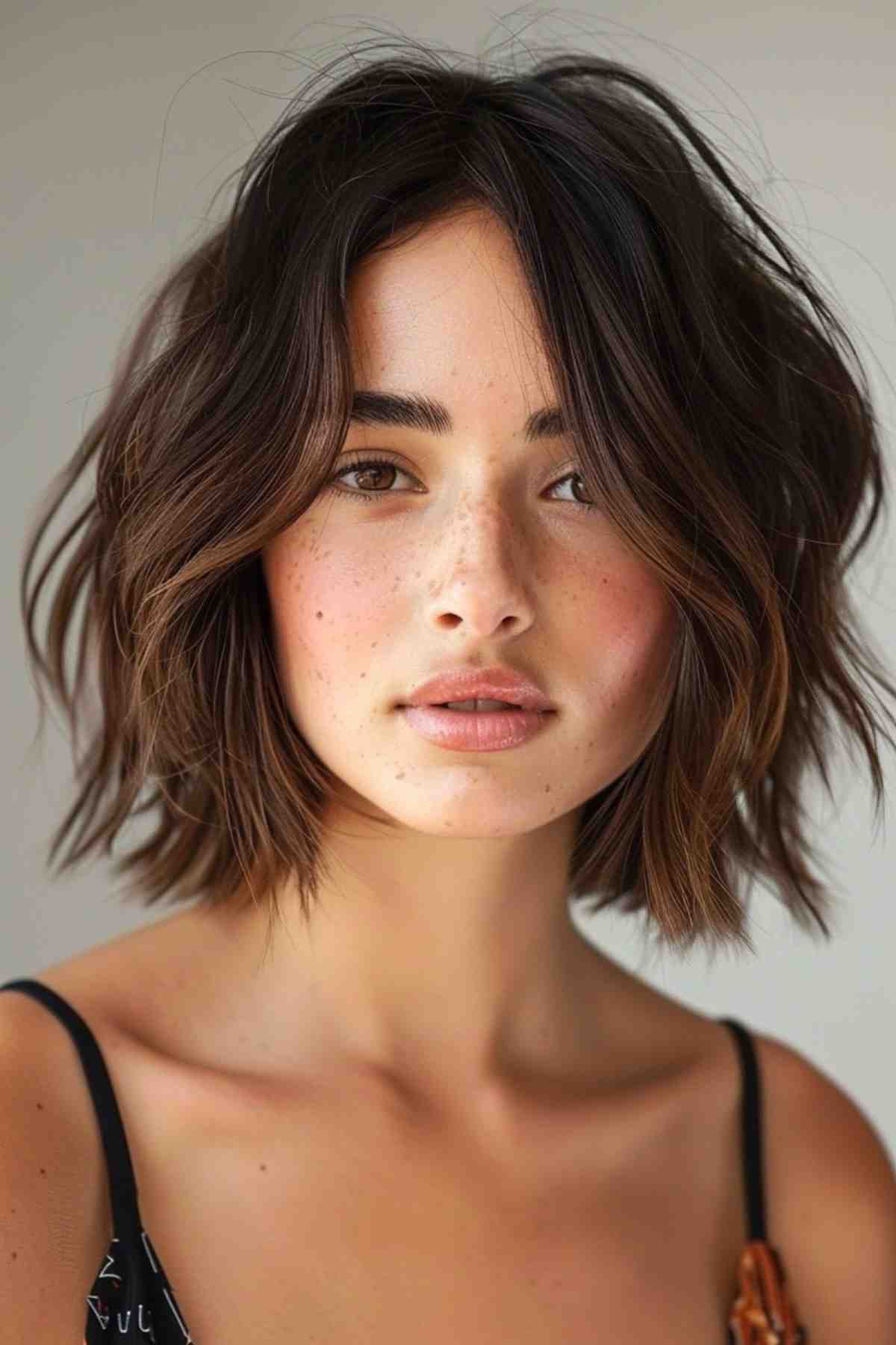 Woman with neck-length tousled bob and balayage fringe