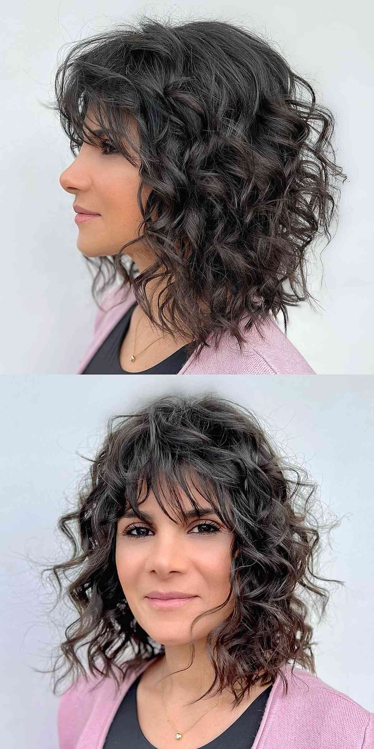 Effortlessly layered curls with bangs