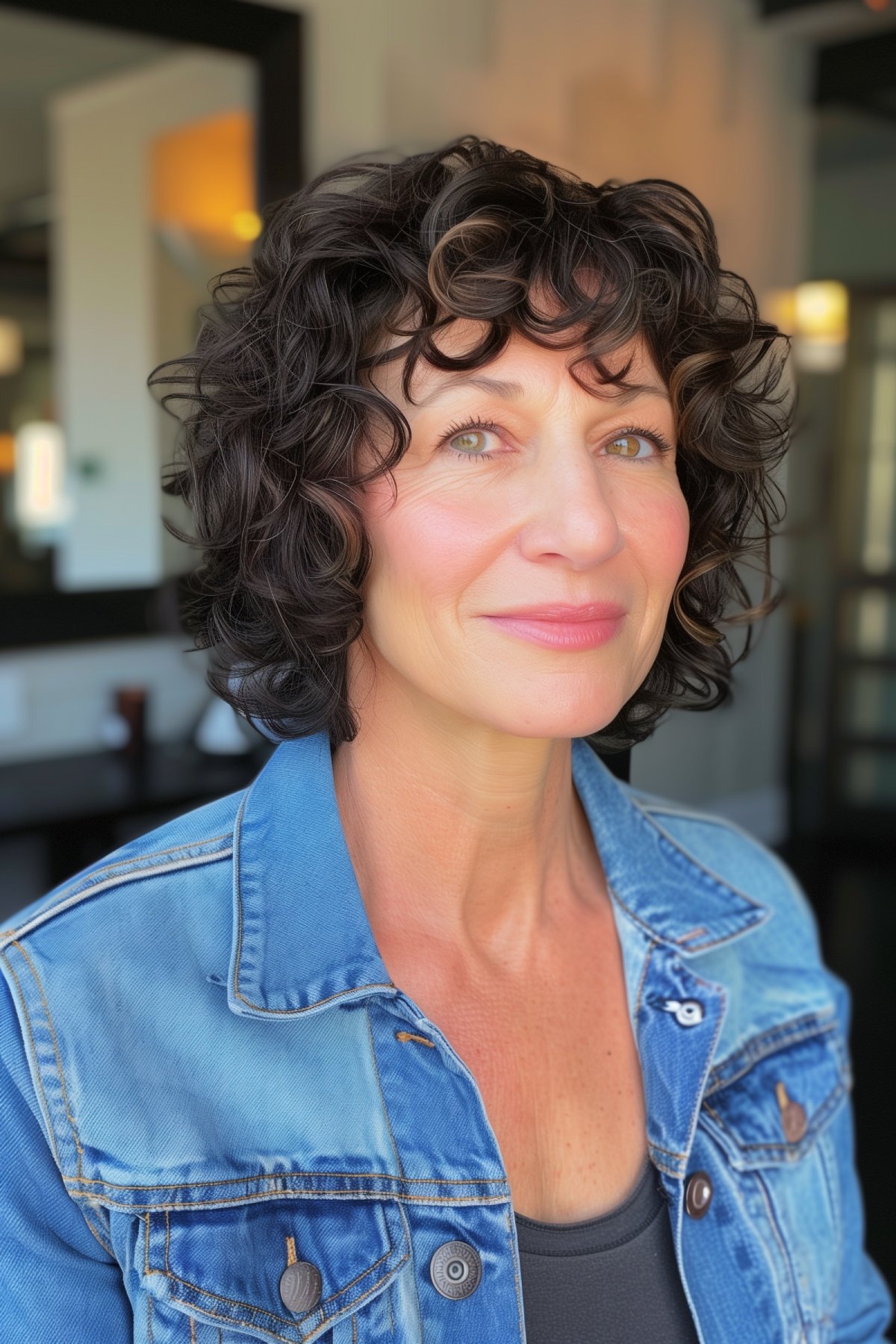 Mature woman with a medium-length curly bob hairstyle beaming in a relaxed environment