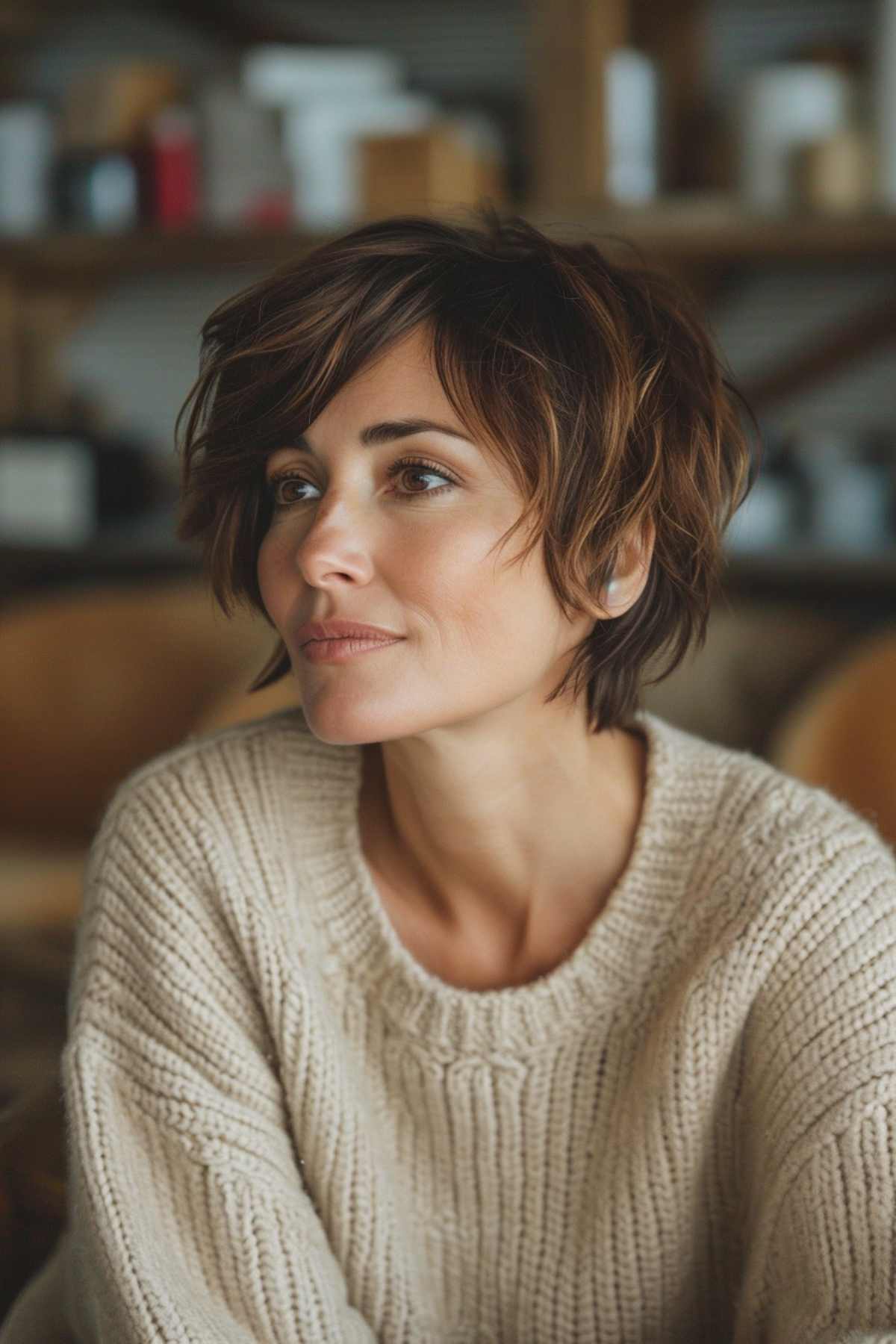 An effortlessly tousled pixie bob with side flow