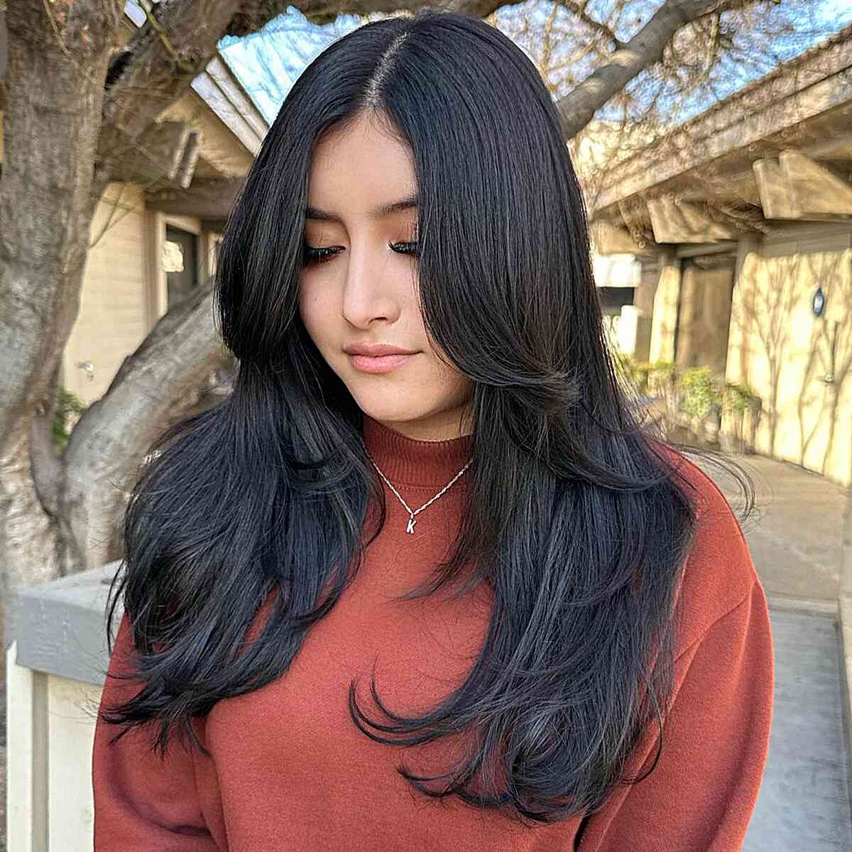 Elegant Black Butterfly Cut with Extended Curtain Bangs and Layers
