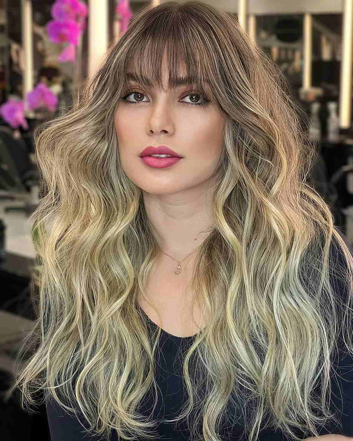 Elegant Blonde Balayage with Wispy Bangs