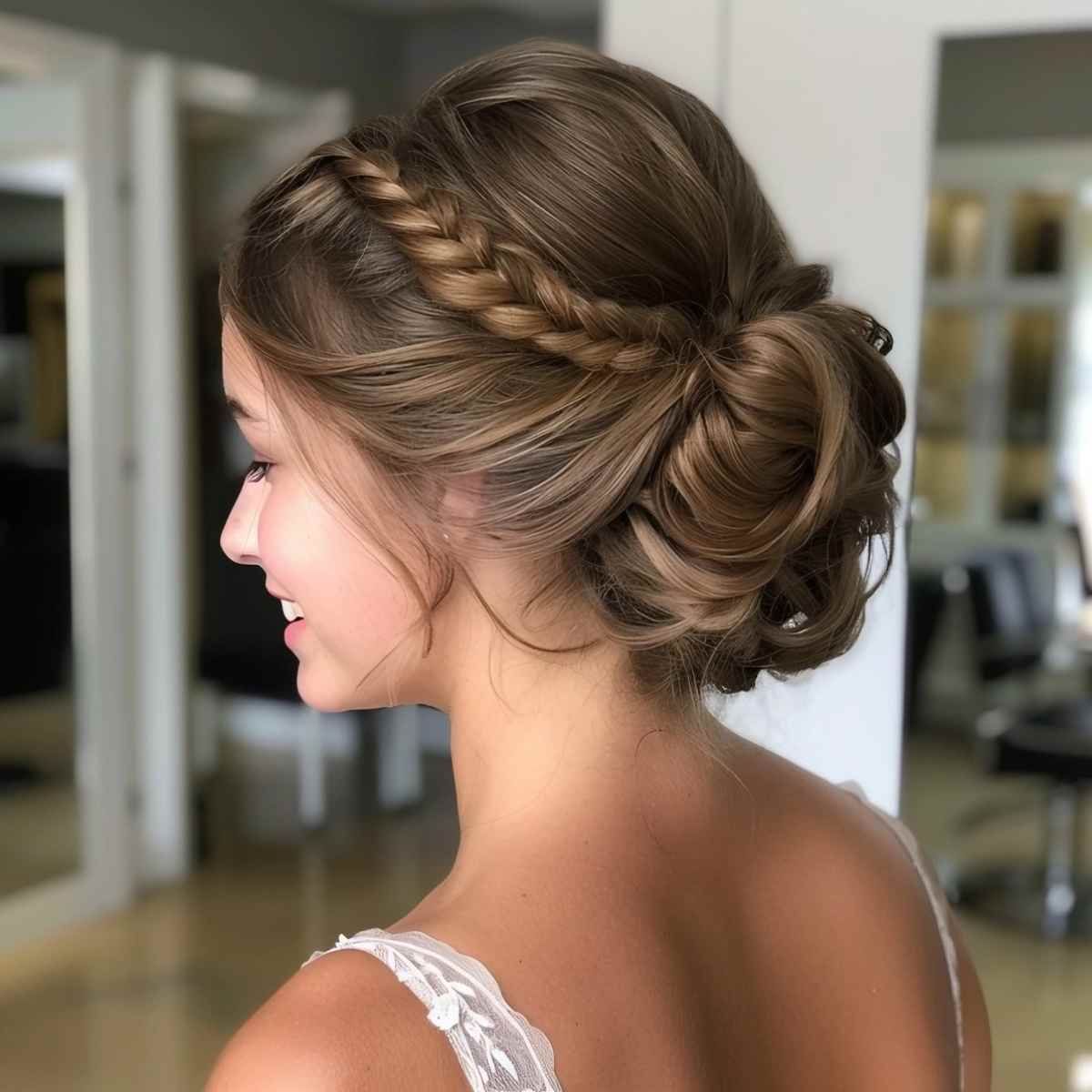 Elegant Curled Bun with Braided Accent for Prom