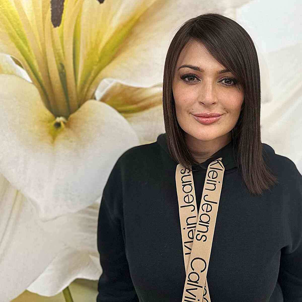 Elegant Dark Brunette Long Bob with Side-Swept Bangs for Fine Straight Hair