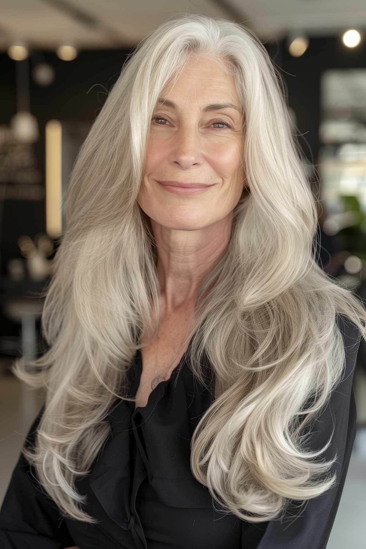 Woman over 60 showcasing elegant flowing layered waves in silver hair