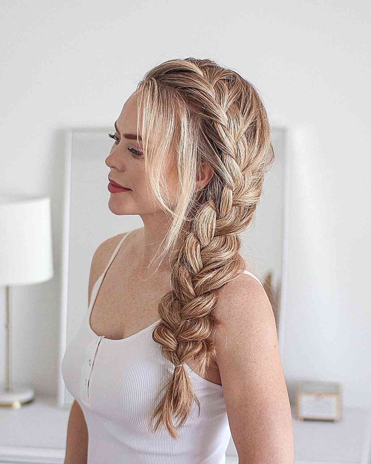 Stylish French Braided Low Ponytail with Face-Framing Layers