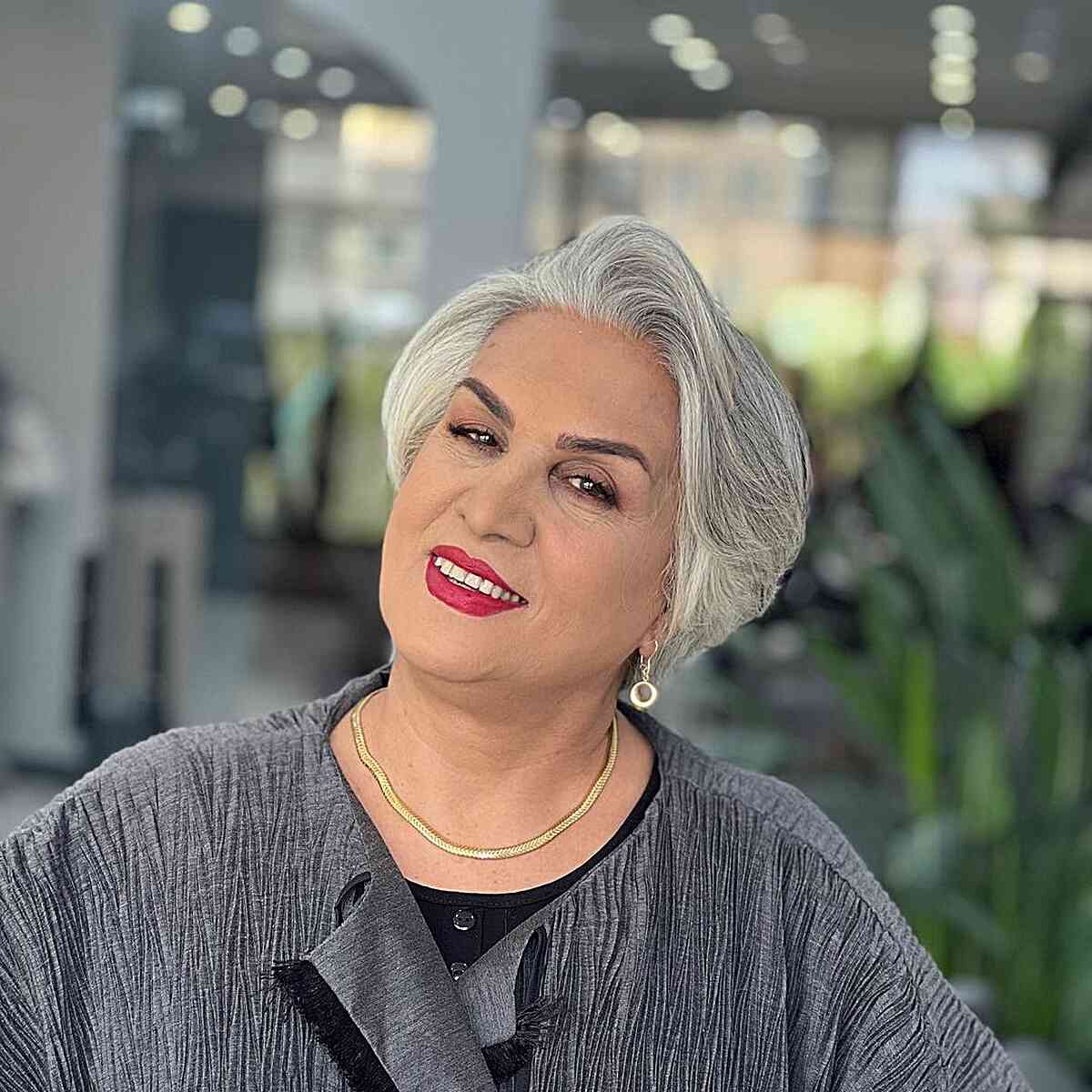 Elegant Grey Blowout for Short Hair for Women in Their 60s