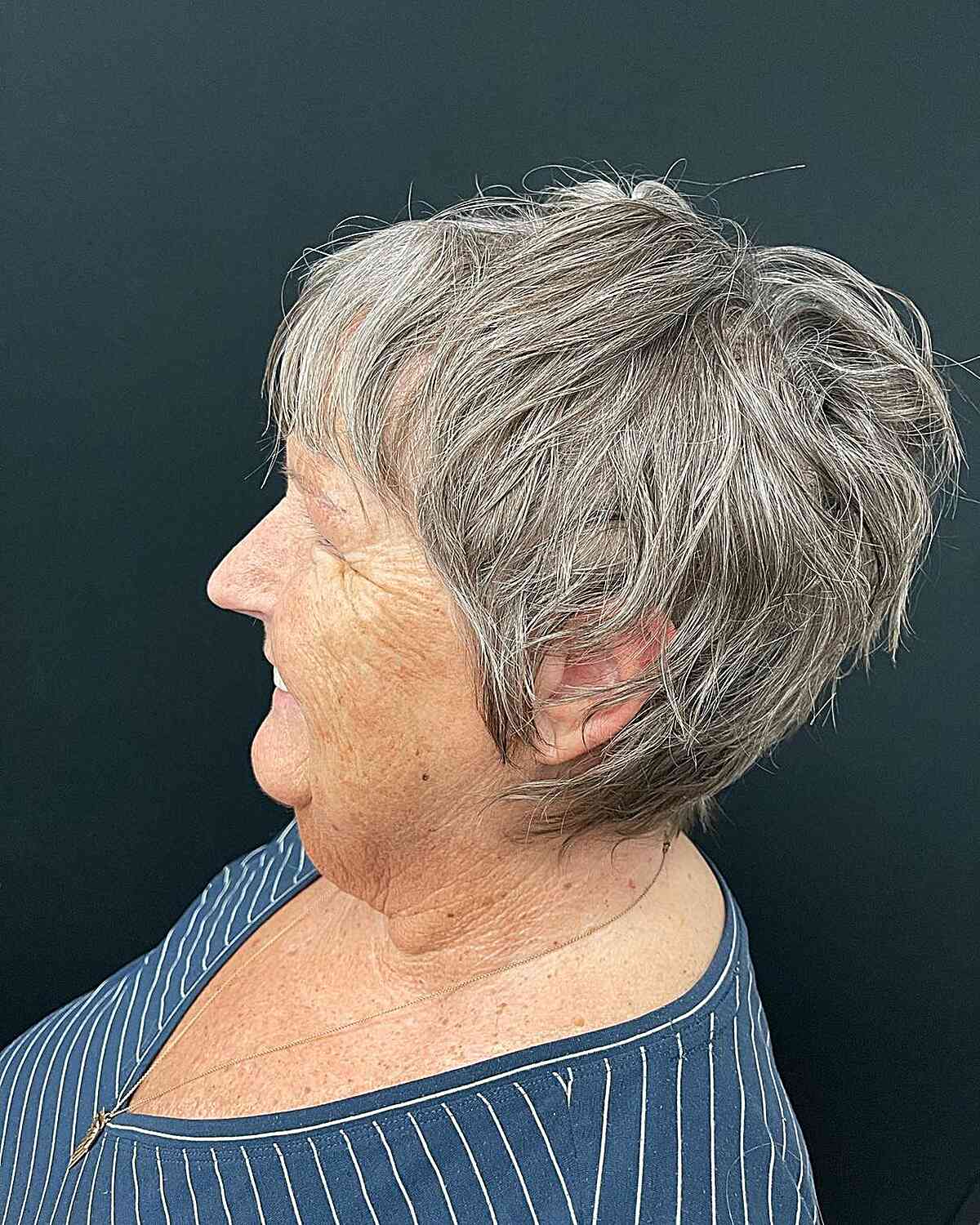 Short Grey Pixie Shag with Soft Bangs for Older ladies over 60