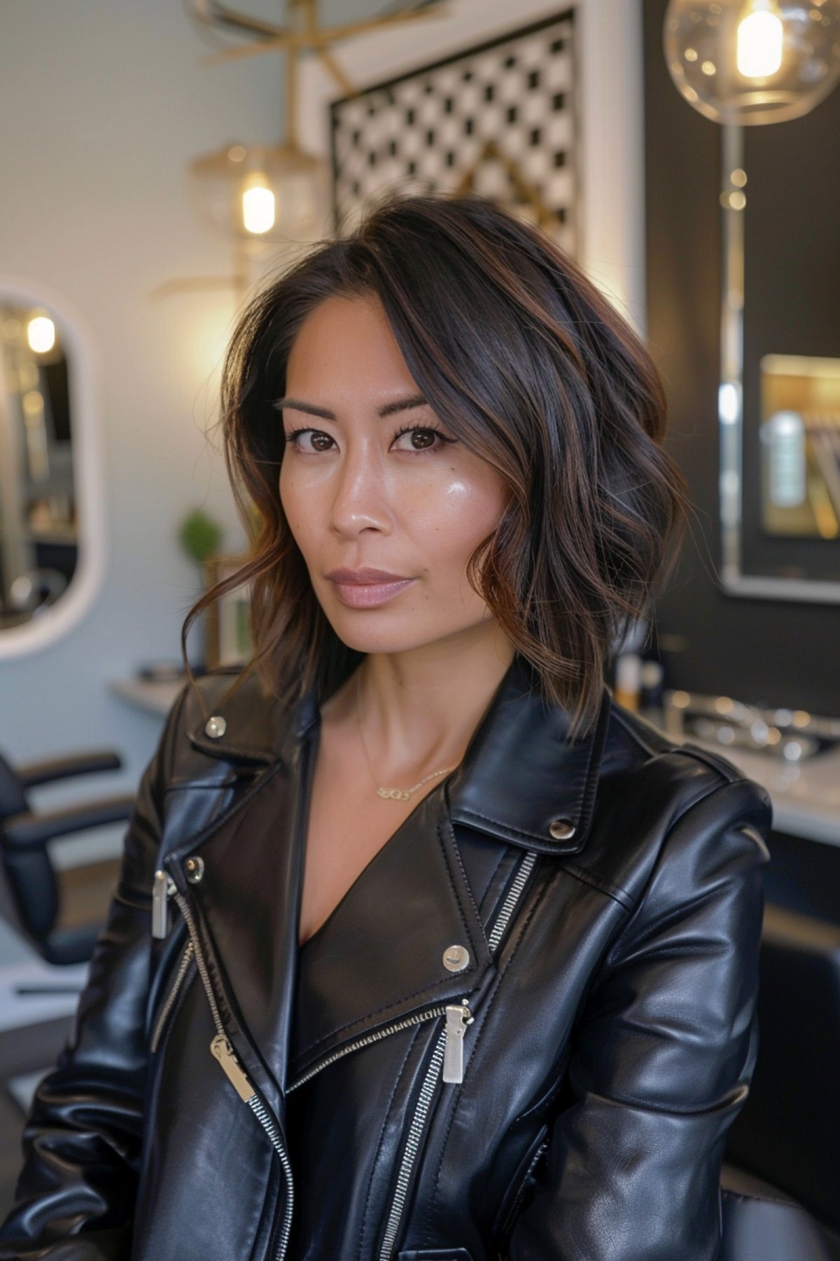 Asian woman showcasing an elegant layered bob with gentle waves in a salon