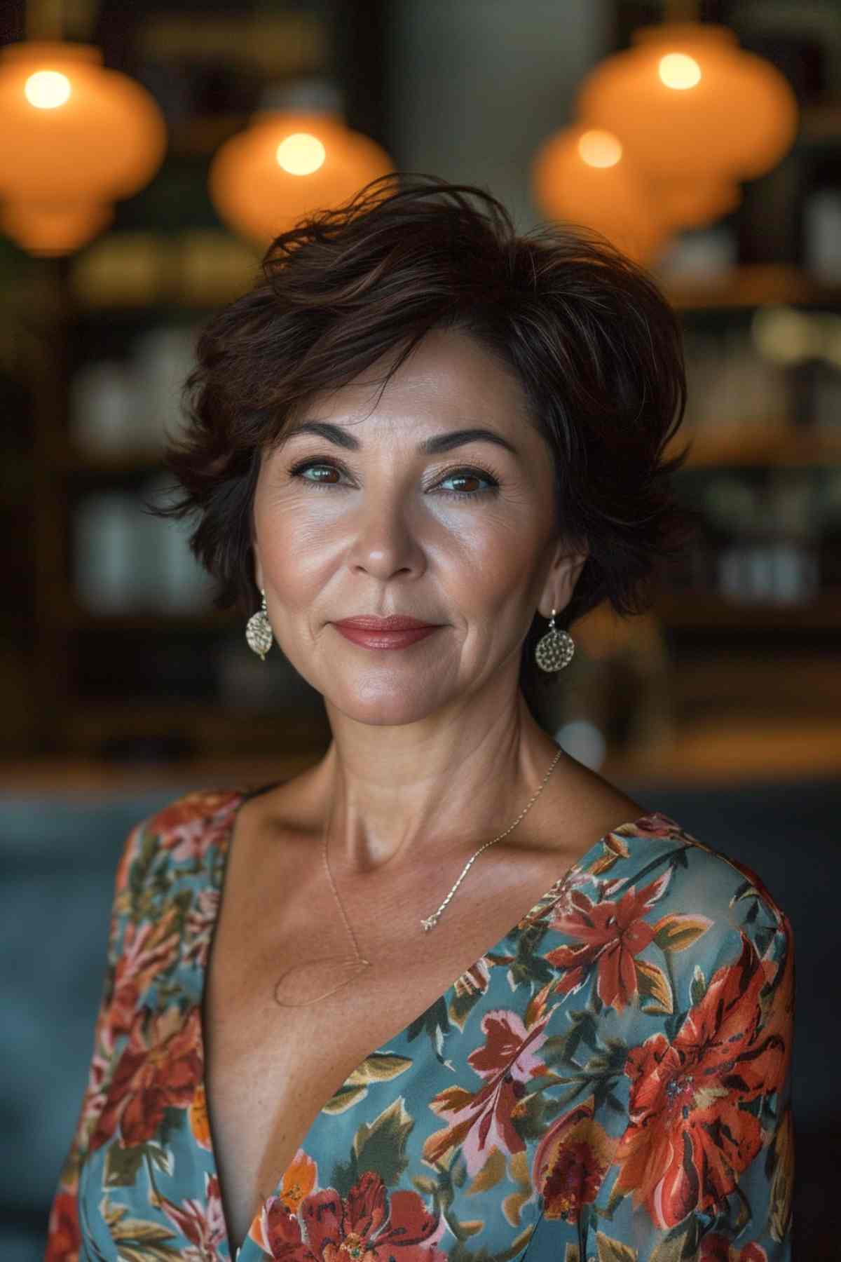 An elegant layered pixie bob with a side part on a woman in her 50s