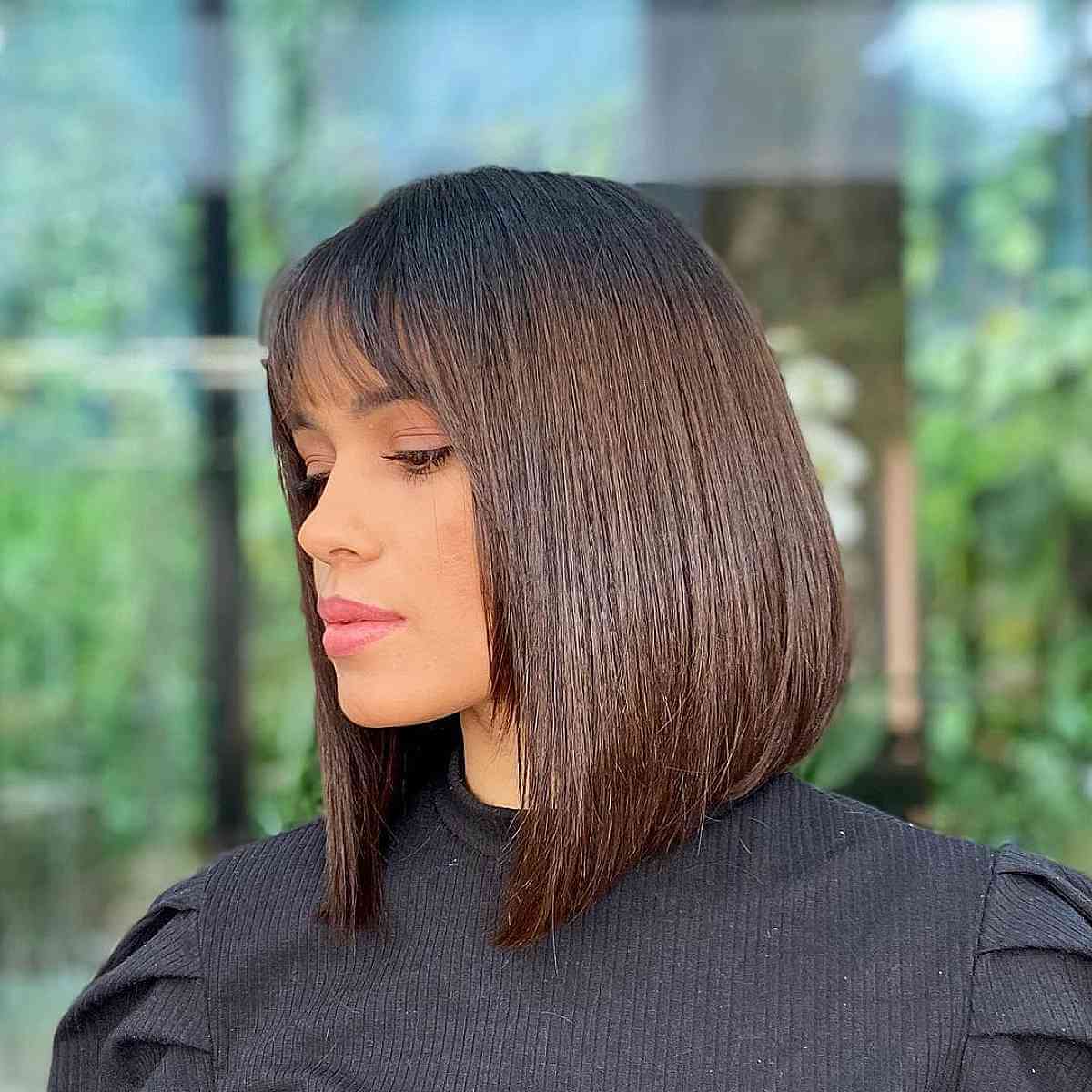 Elegant Long A-Line Bob with Light Fringe for Thin Hair