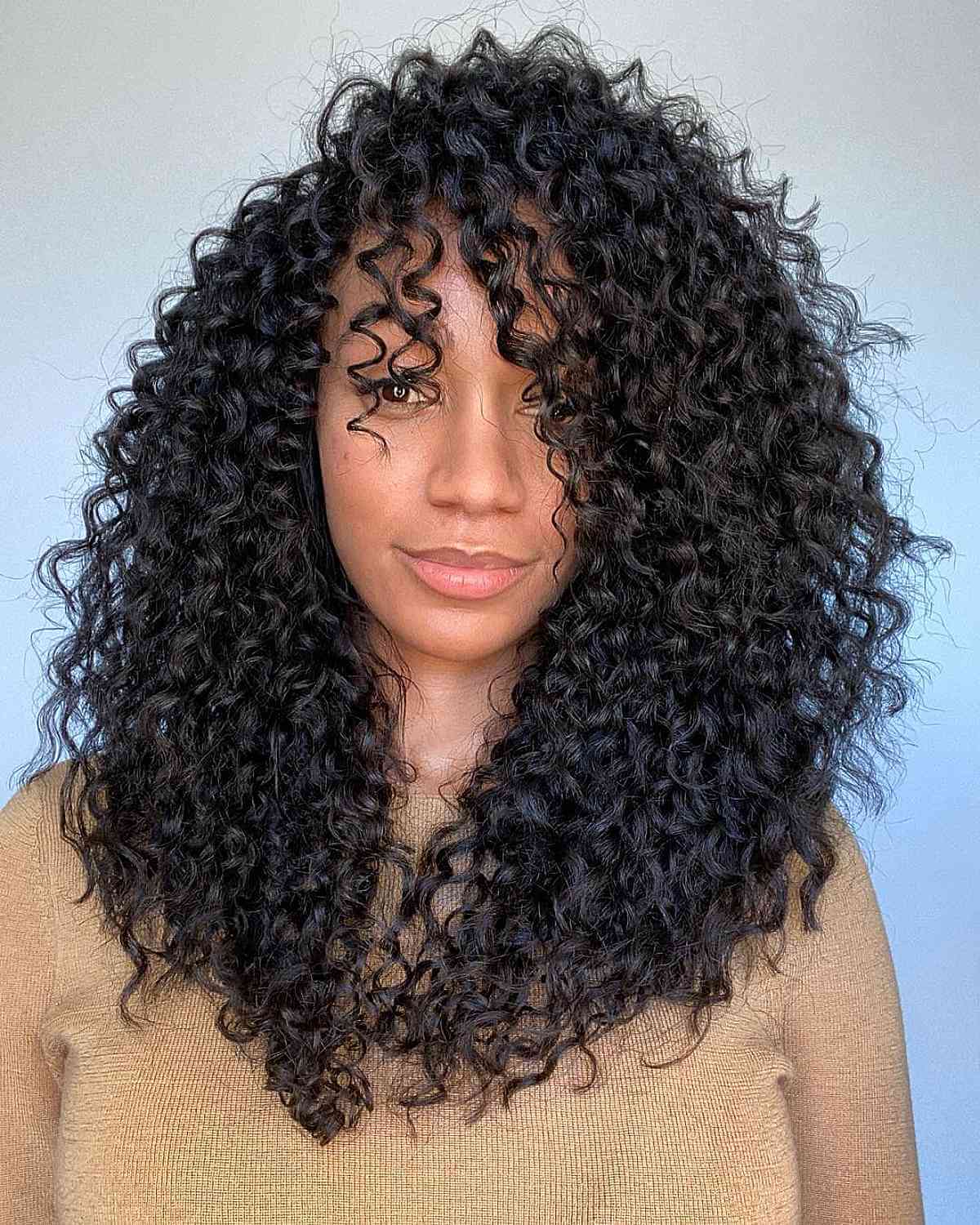 Chic Natural Long Curls with Extended Bangs for Black Ladies