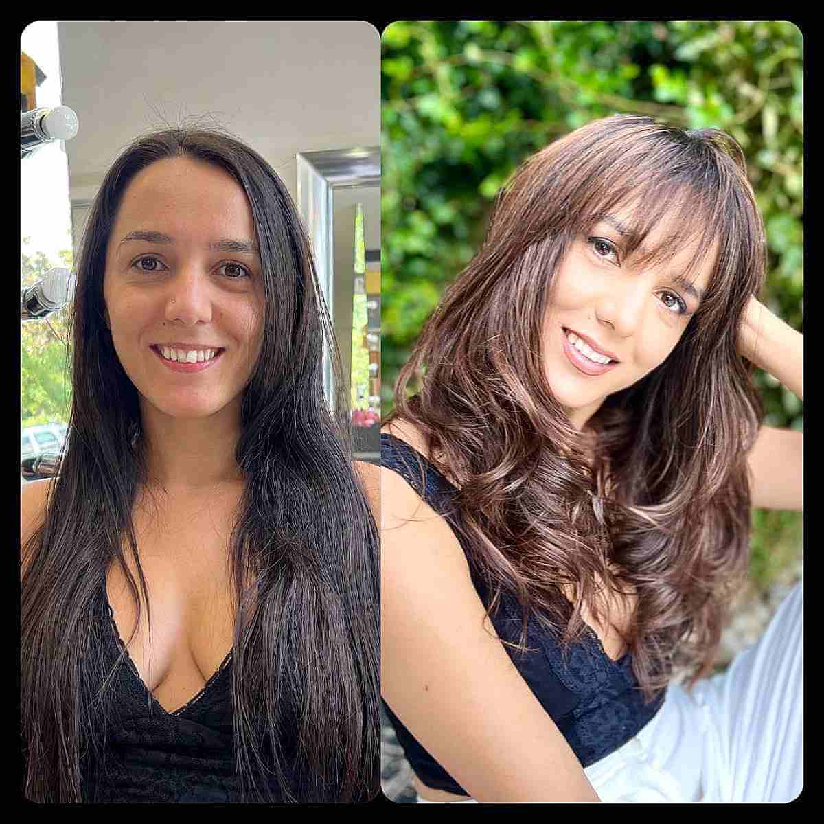 Elegant Long Hair with Brown Balayage and Wispy Bangs