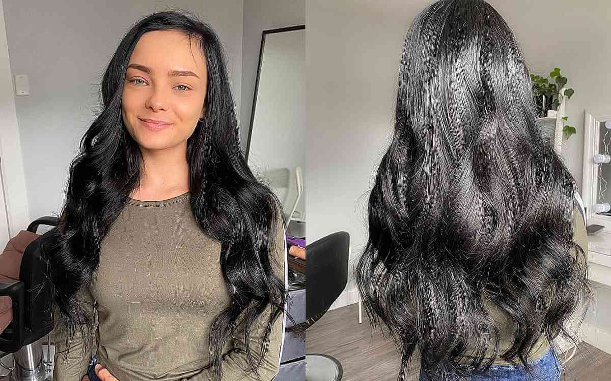 Elegant Long Jet Black Wavy Hair