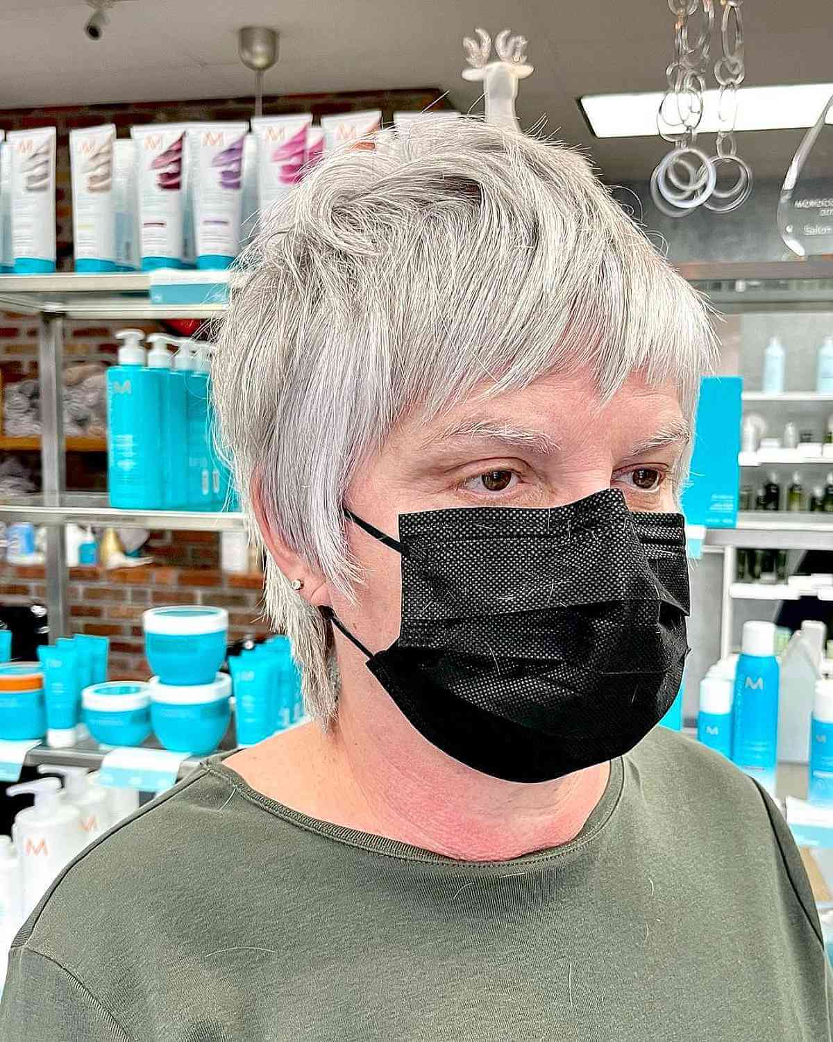 Elegant Long Pixie Wolf Cut with Soft Layers for an Old Lady