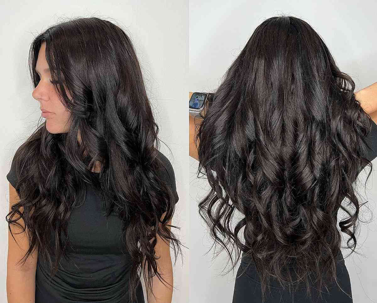 Elegant Long Black V-Cut Hair with Soft Curls