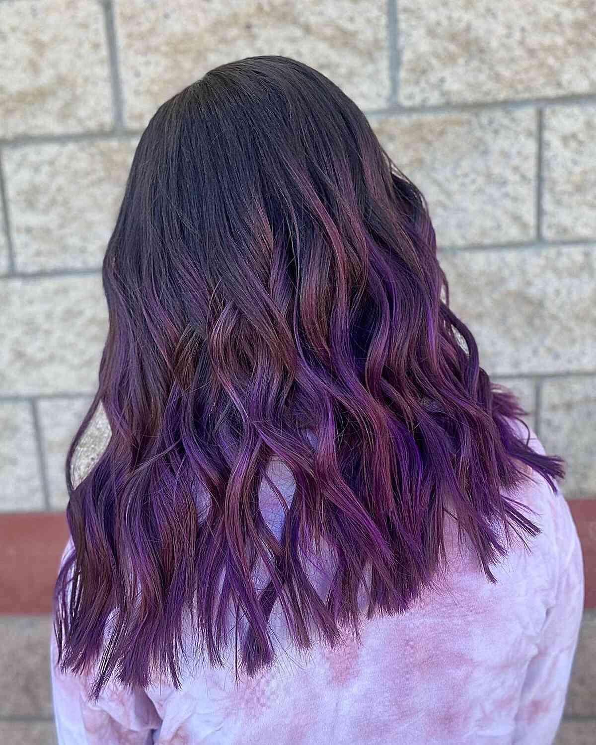 Sophisticated Midnight Purple Balayage Ombre on Mid-Length Dark Hair