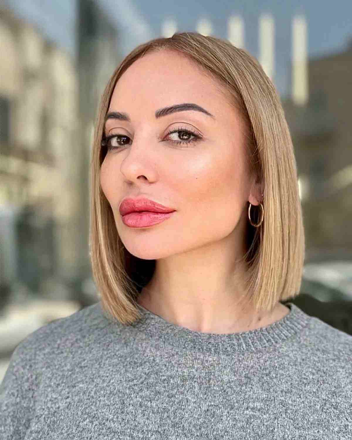 Elegant One-Length Bob Cut for Thin-Haired 40-Year-Old Women