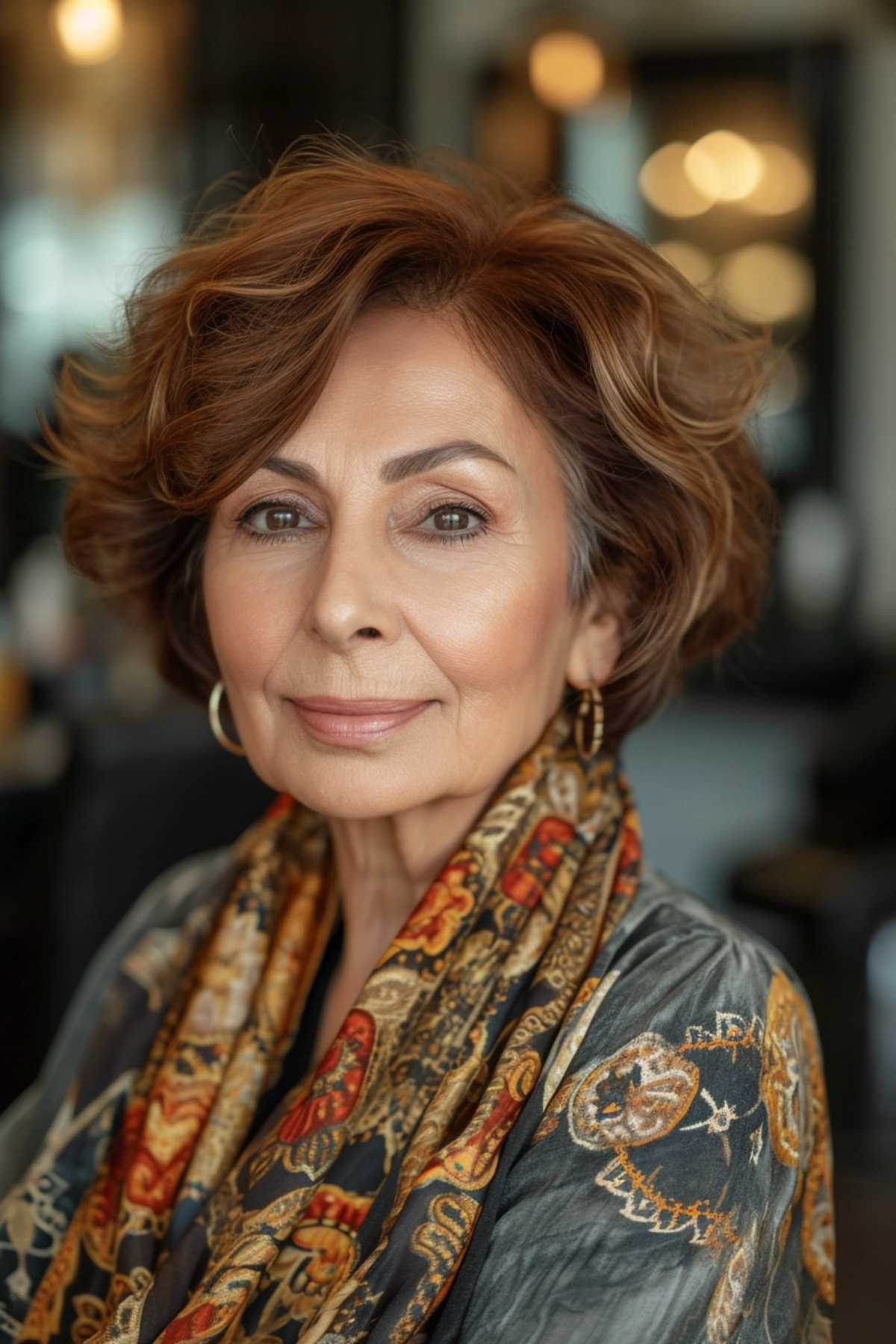 An elegant pixie bob with a side part on a woman over 60
