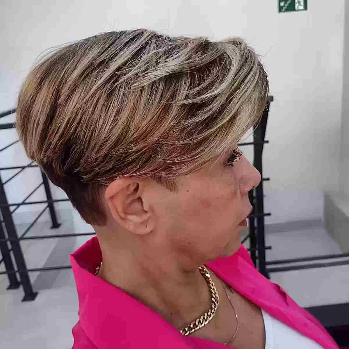 Elegant Side-Swept Tapered Pixie Bob Hairstyle with Piecey Layers for Mature Women