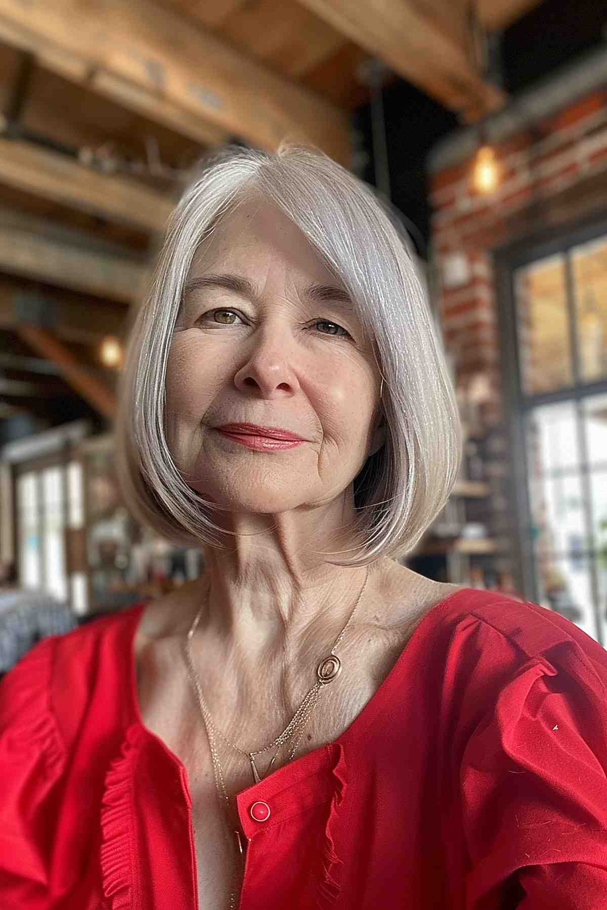 Elegant Senior Woman with Sleek Silver Bob Hairstyle