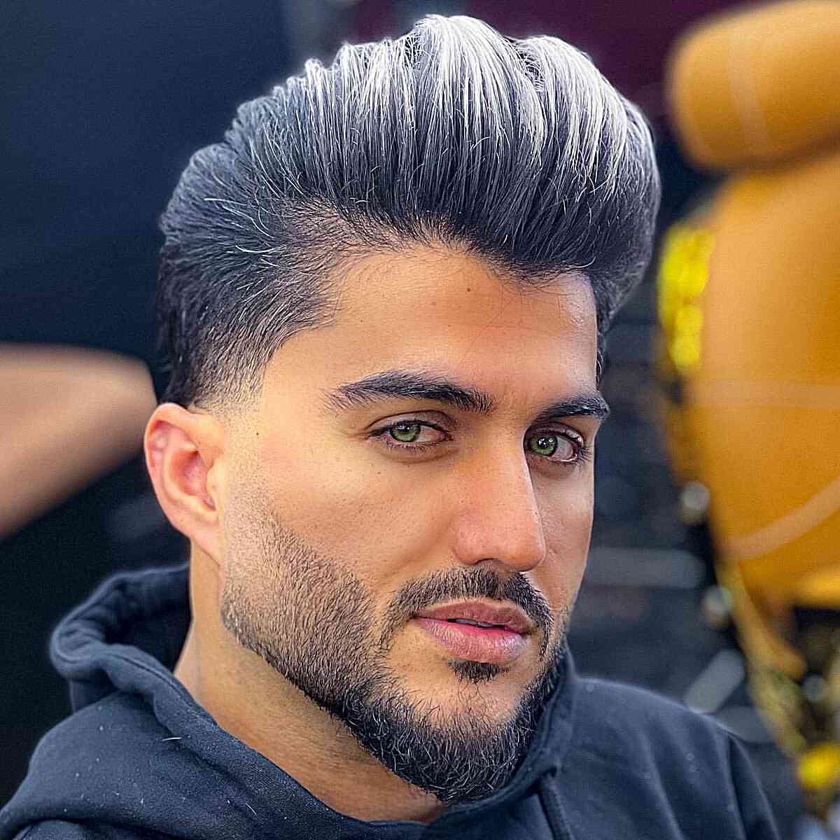 Elegant Silver Fox Pomp with a Fade for Men featuring thick hair and a beard