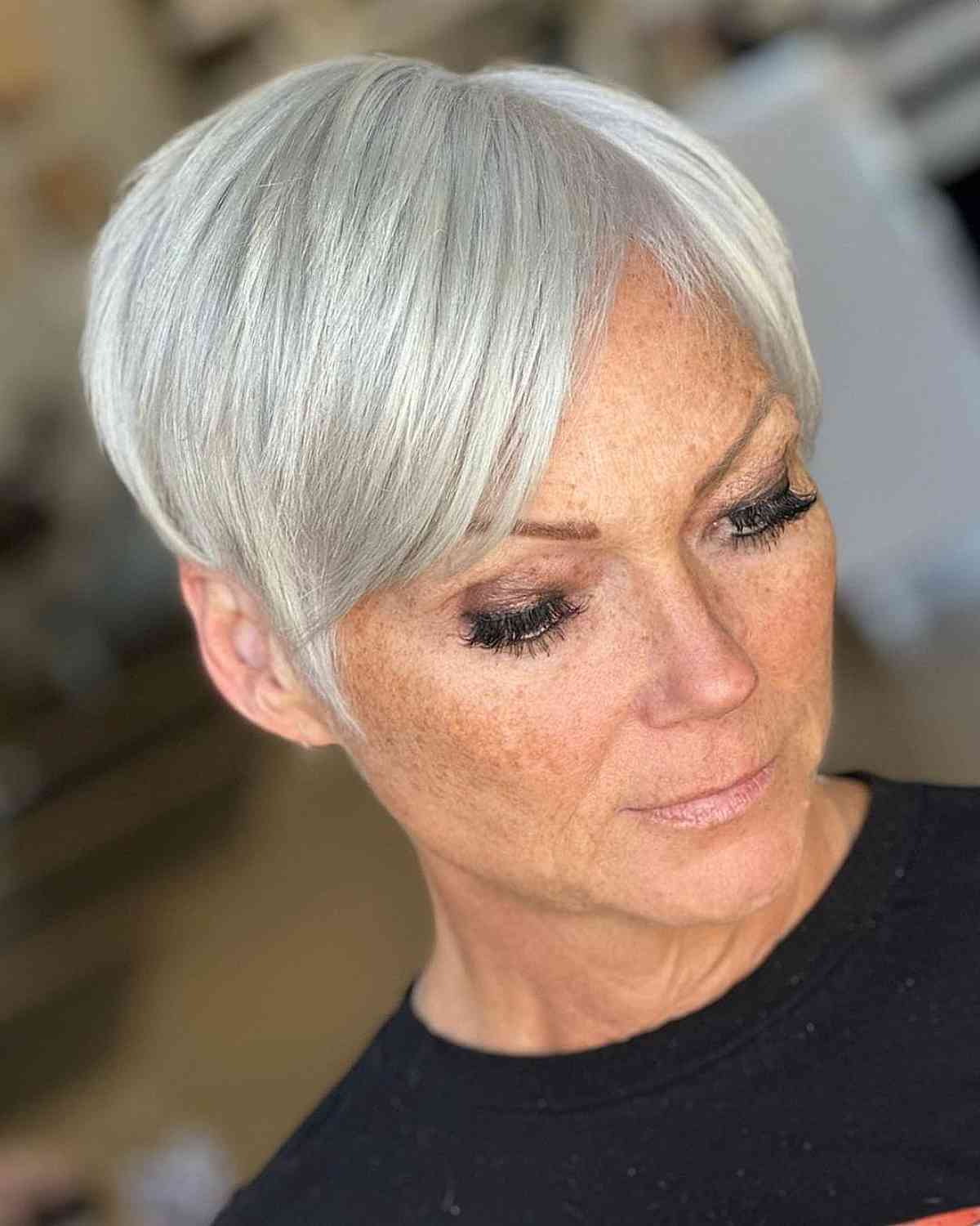 Elegant Silver Pixie with Curtain Bangs for Women Over 50