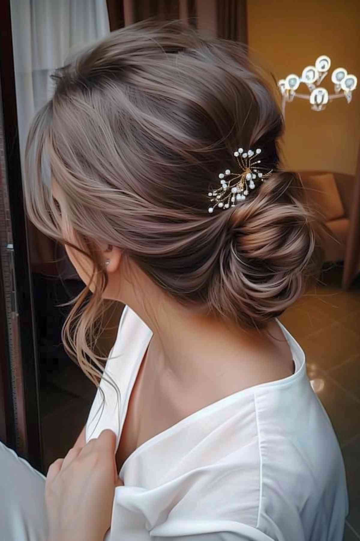 Stylish low bun updo with shimmering hair accessory for brides