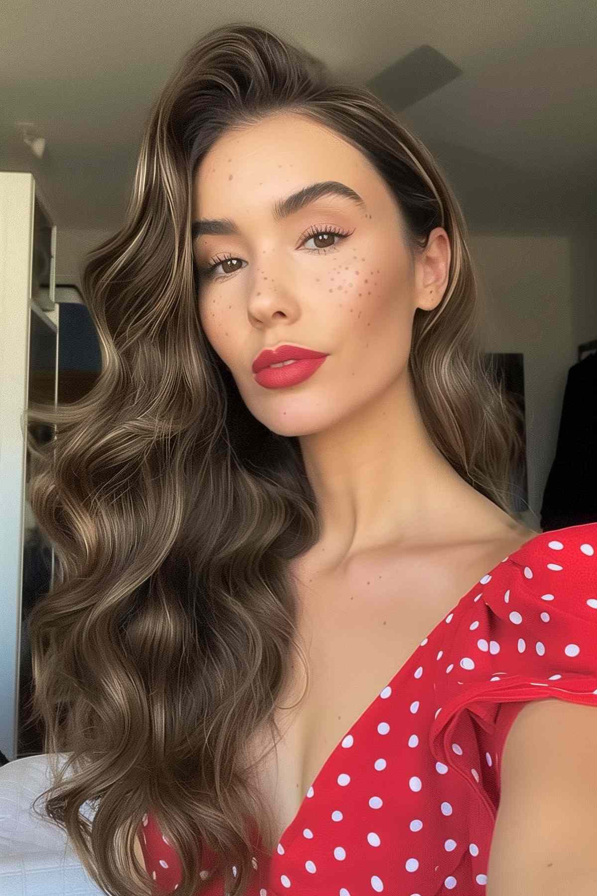 Woman with elegant waves and a dramatic side part