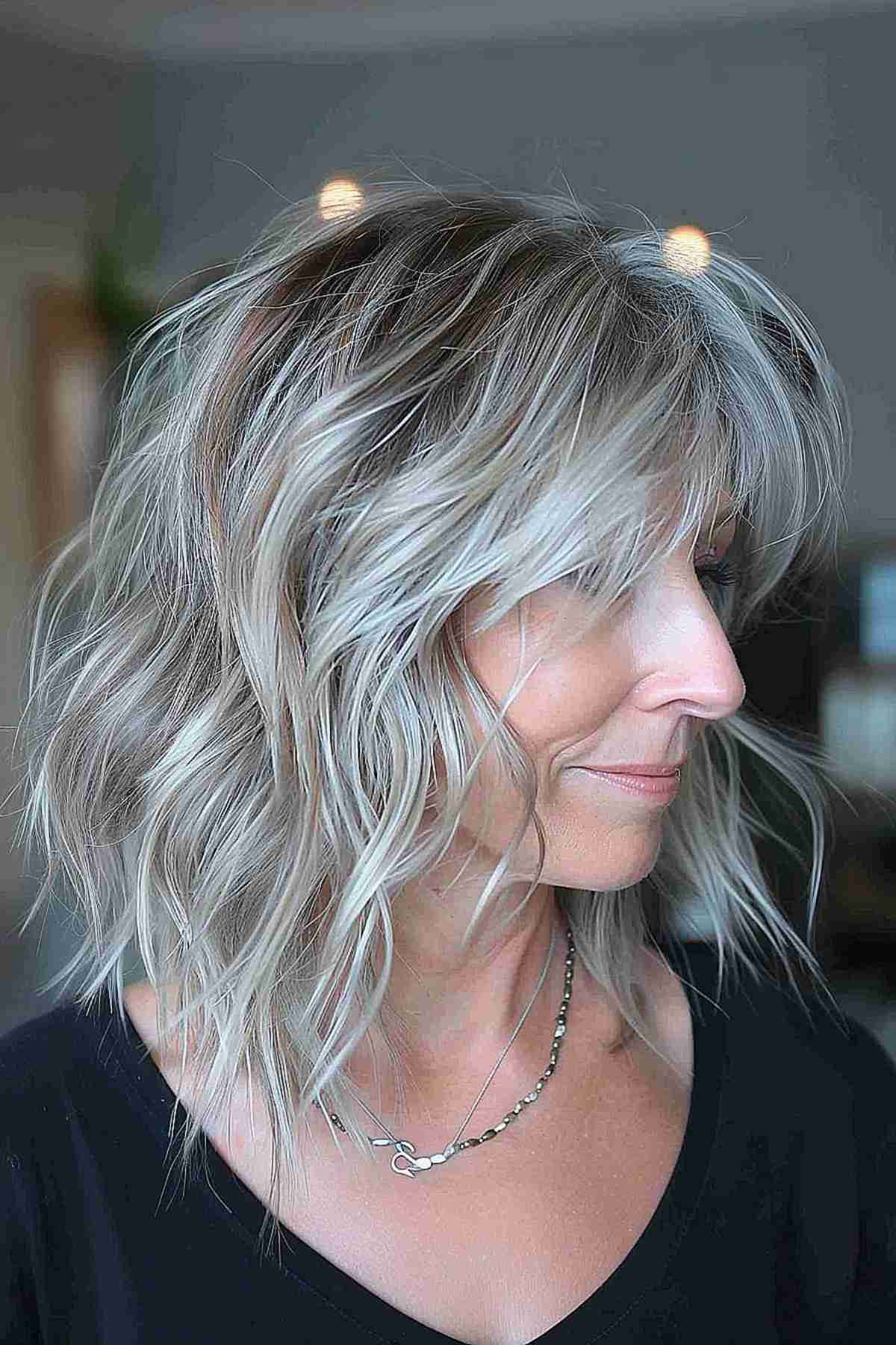 Medium-length layered silver-blonde hairstyle with soft waves for stylish women over 40