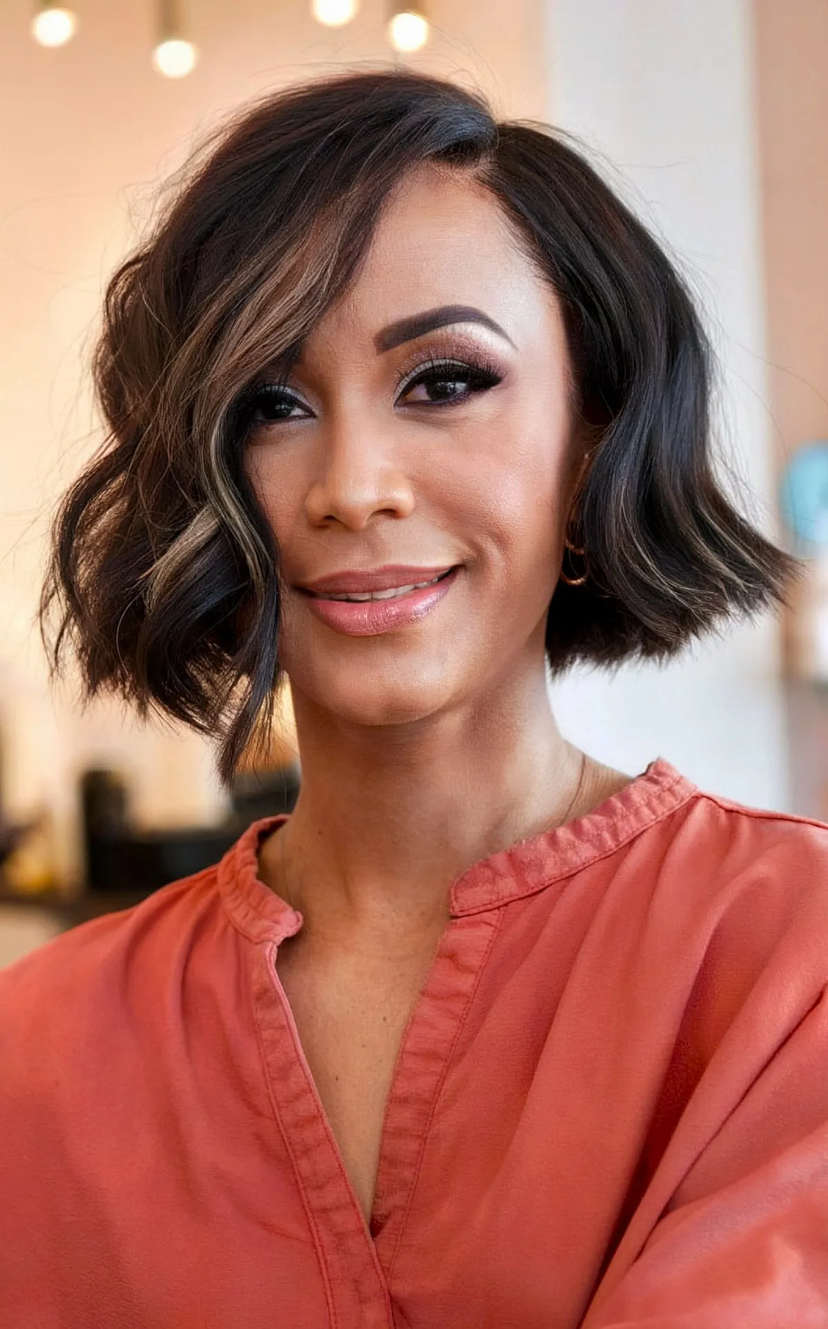 Elegant Wavy Bob with Deep Side Part for 40-year-old Women's Short Hair