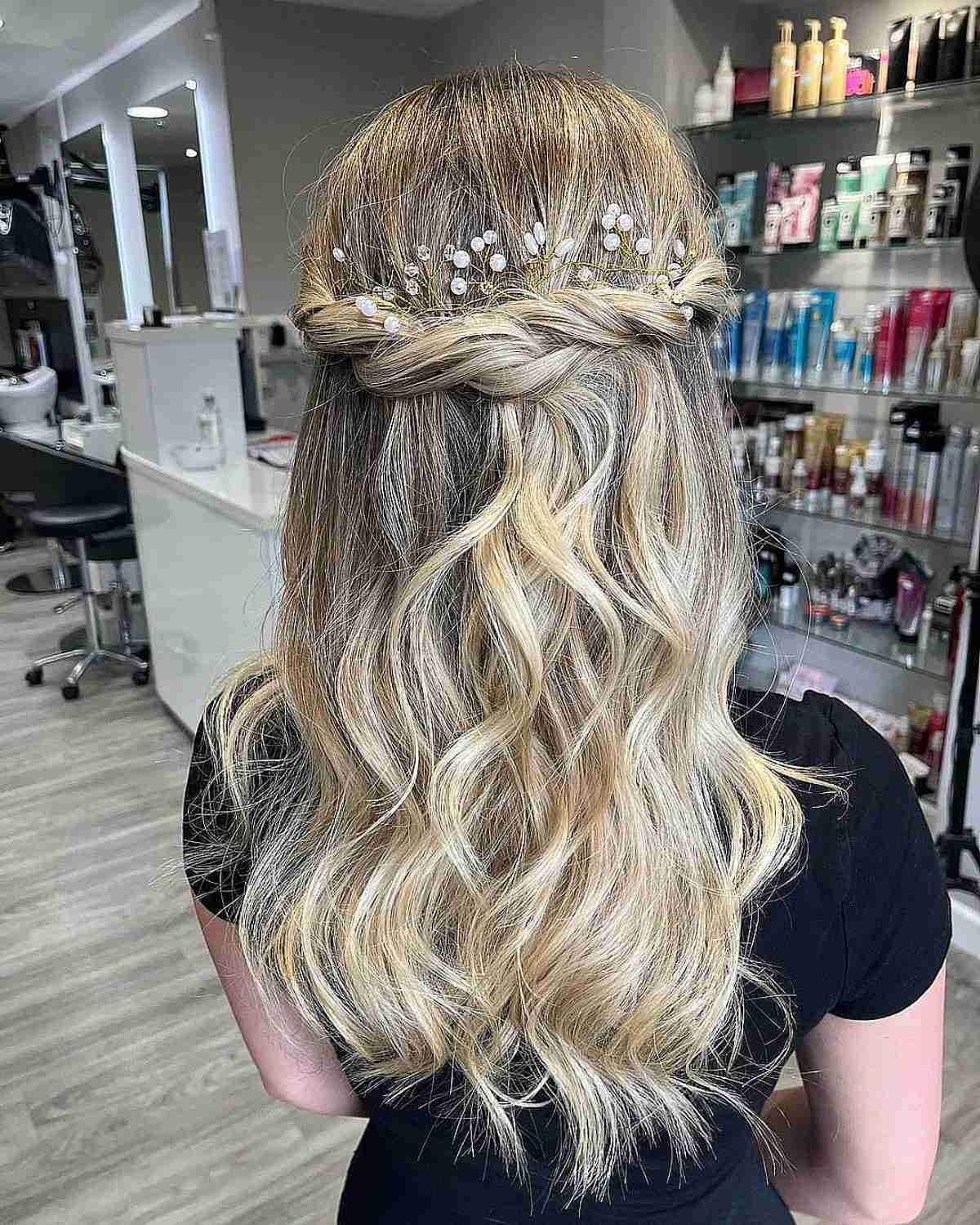 Elegant Prom Half Updo Down Style with Delicate Flowers for Medium Hair