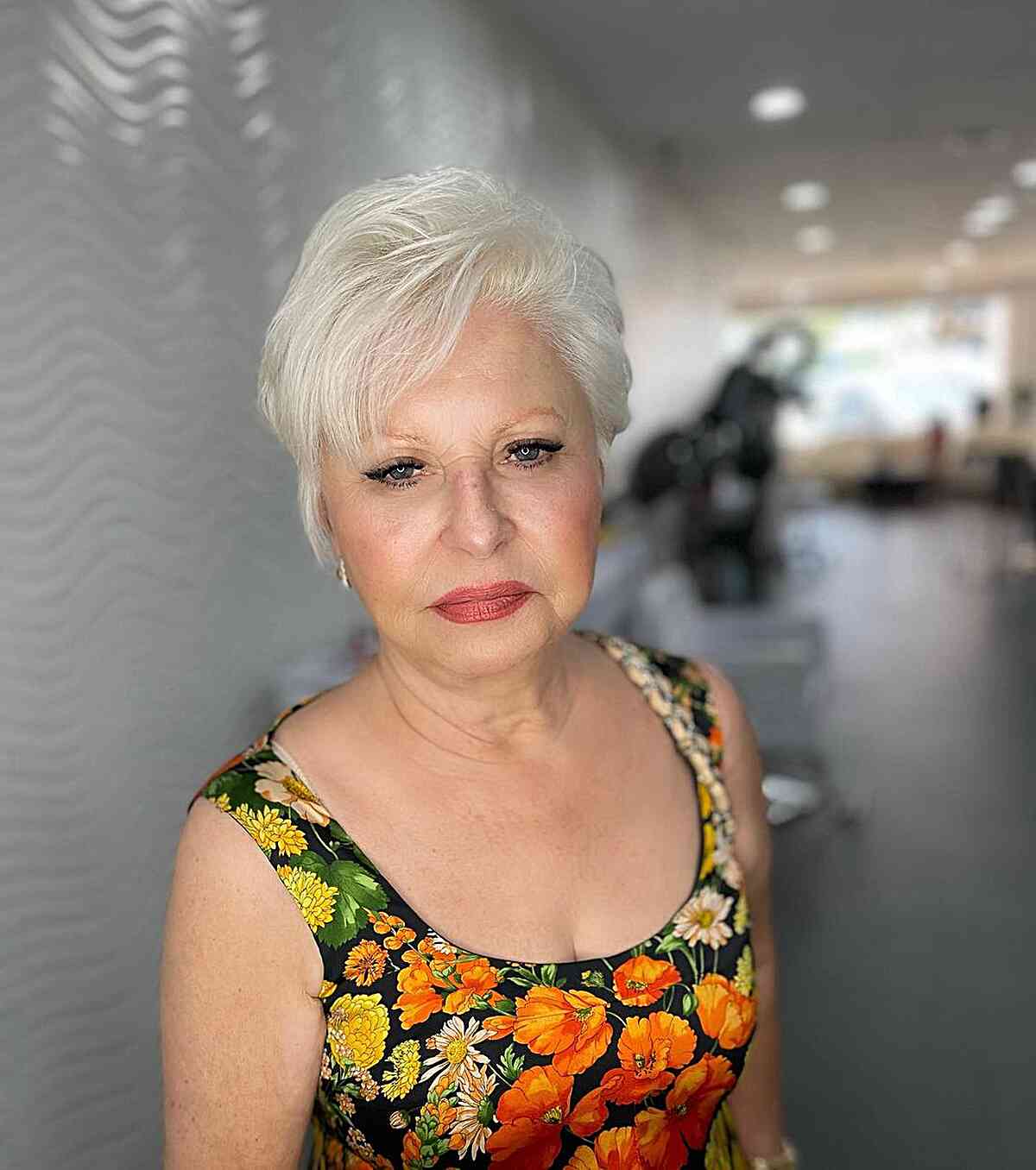 Stylish Short White Grey Long Pixie with Side Bangs for Women Over 60