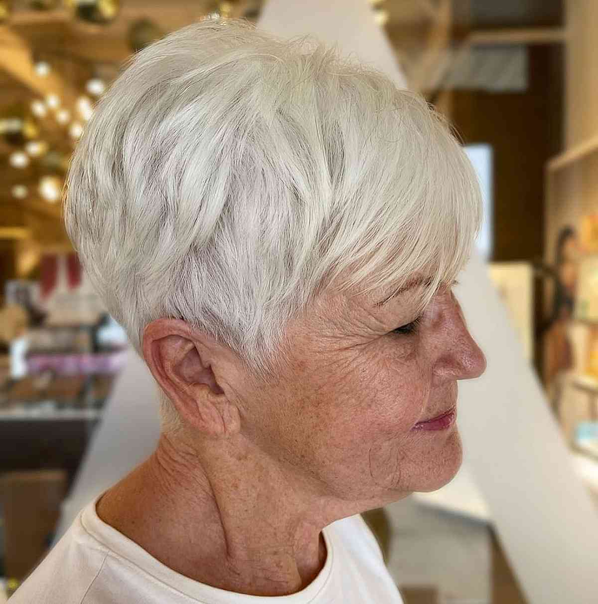 Chic White Layered Pixie Hairstyle for Women Over 70