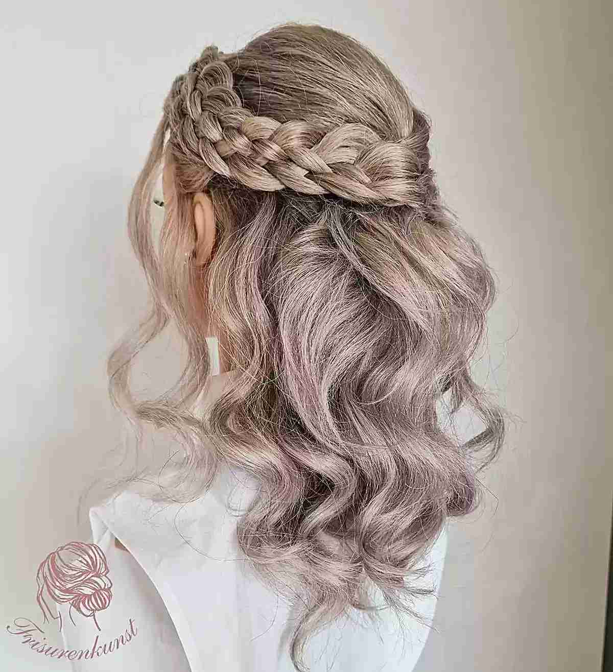 Elegantly Braided Crown Half Up Half Down Hairstyle for brides