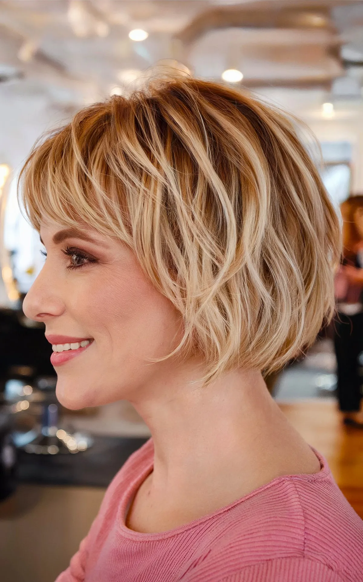 Stylish Rooted Blonde Short Bobbed Hair with Fringe for Women Over 40
