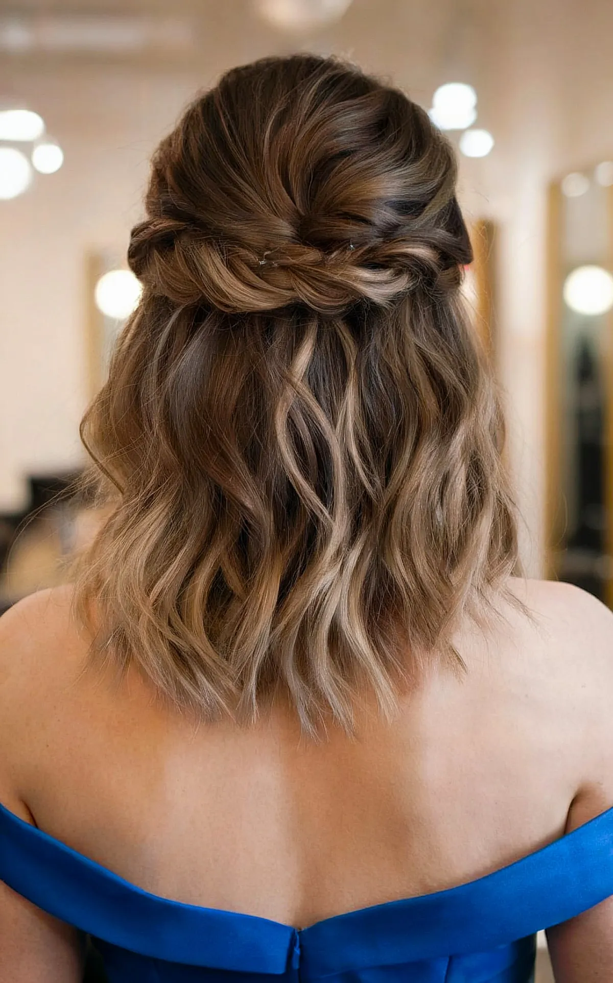 Enchanting Half Twisted Updo for Shoulder-Length Hair with Waves and Choppy Ends