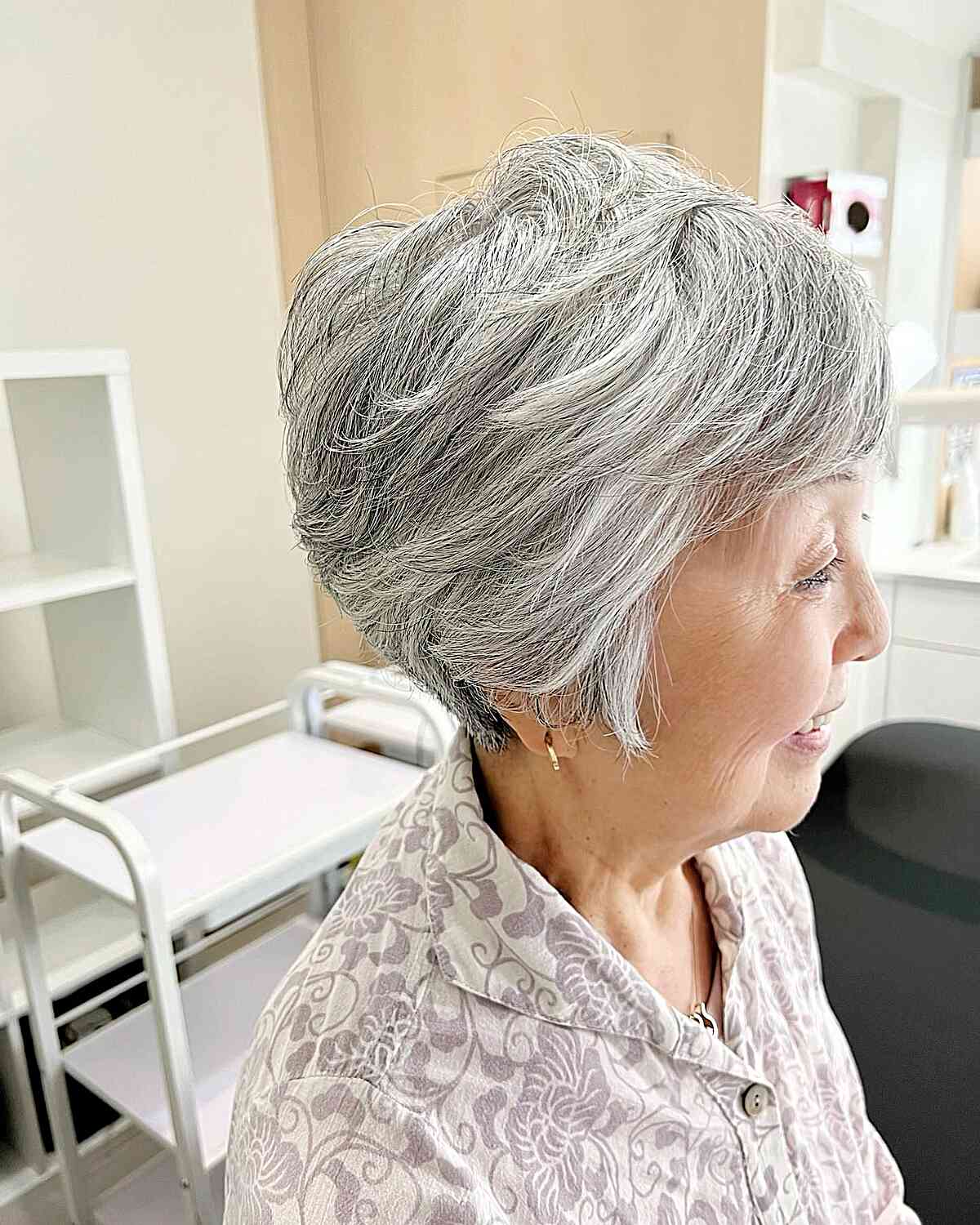 Enhancing Volume and Texture in a Short Haircut for Women Over 60 with Grey Hair
