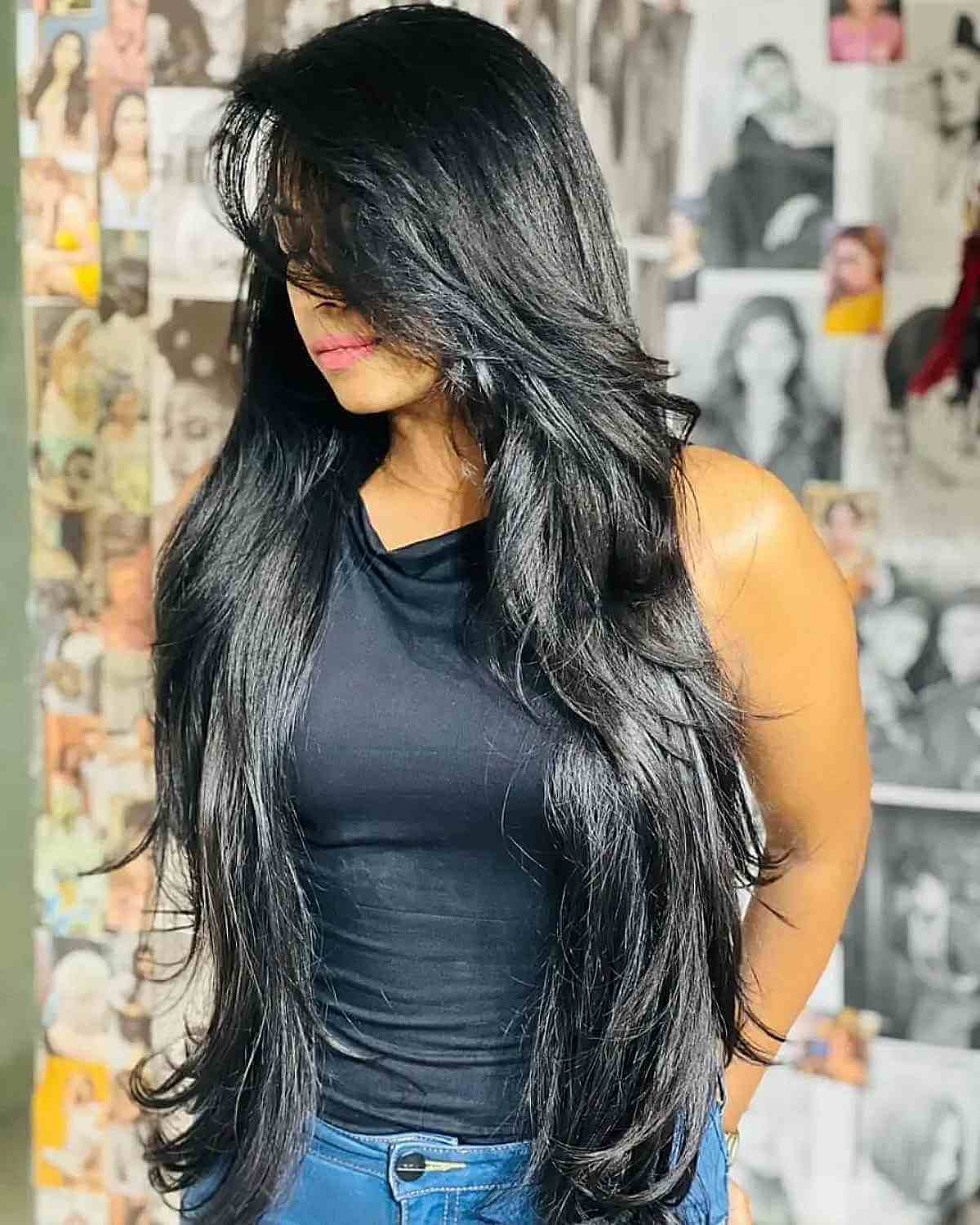 Long Black Feathered Layers with Side Bangs