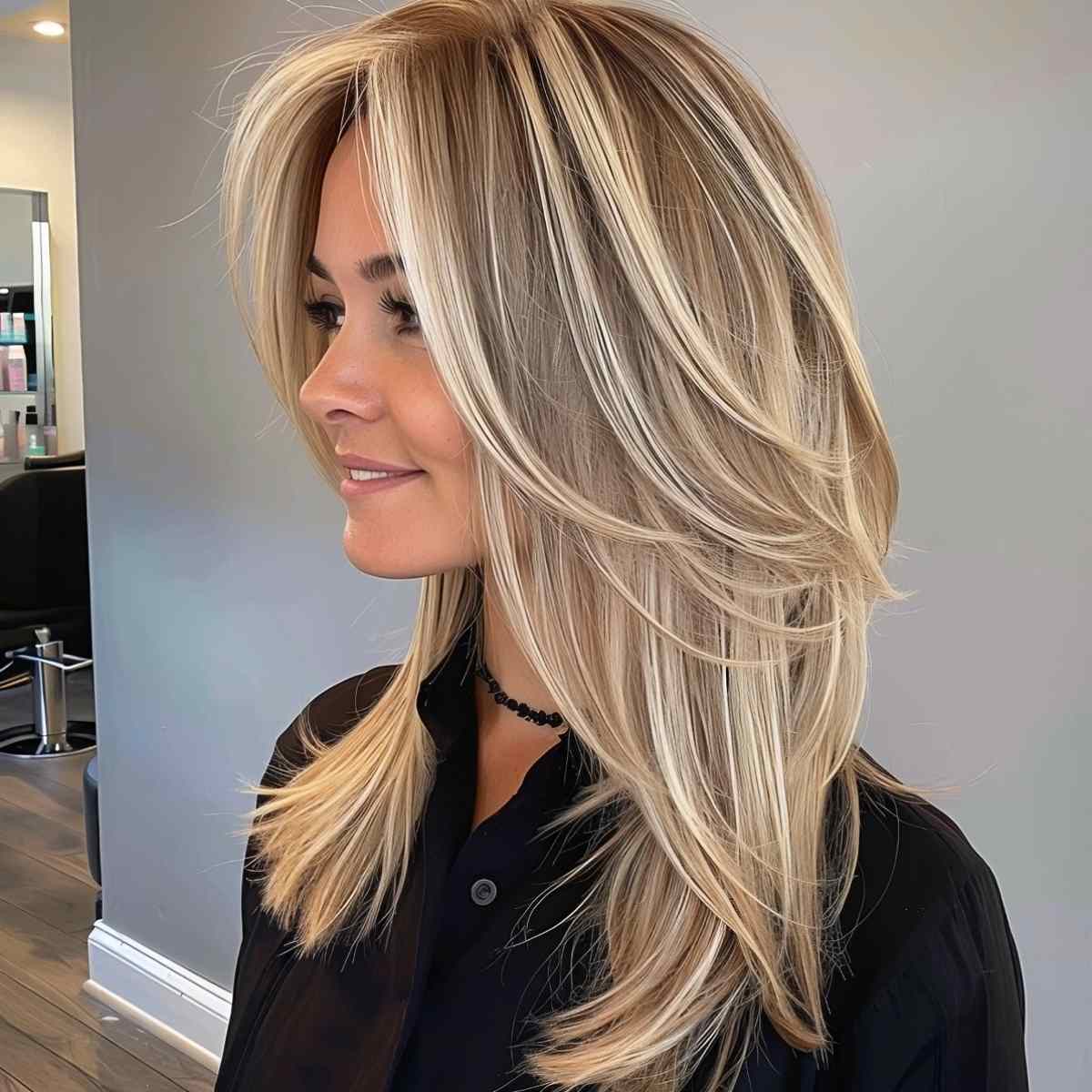 Fashionable blonde layered medium-length hairstyle